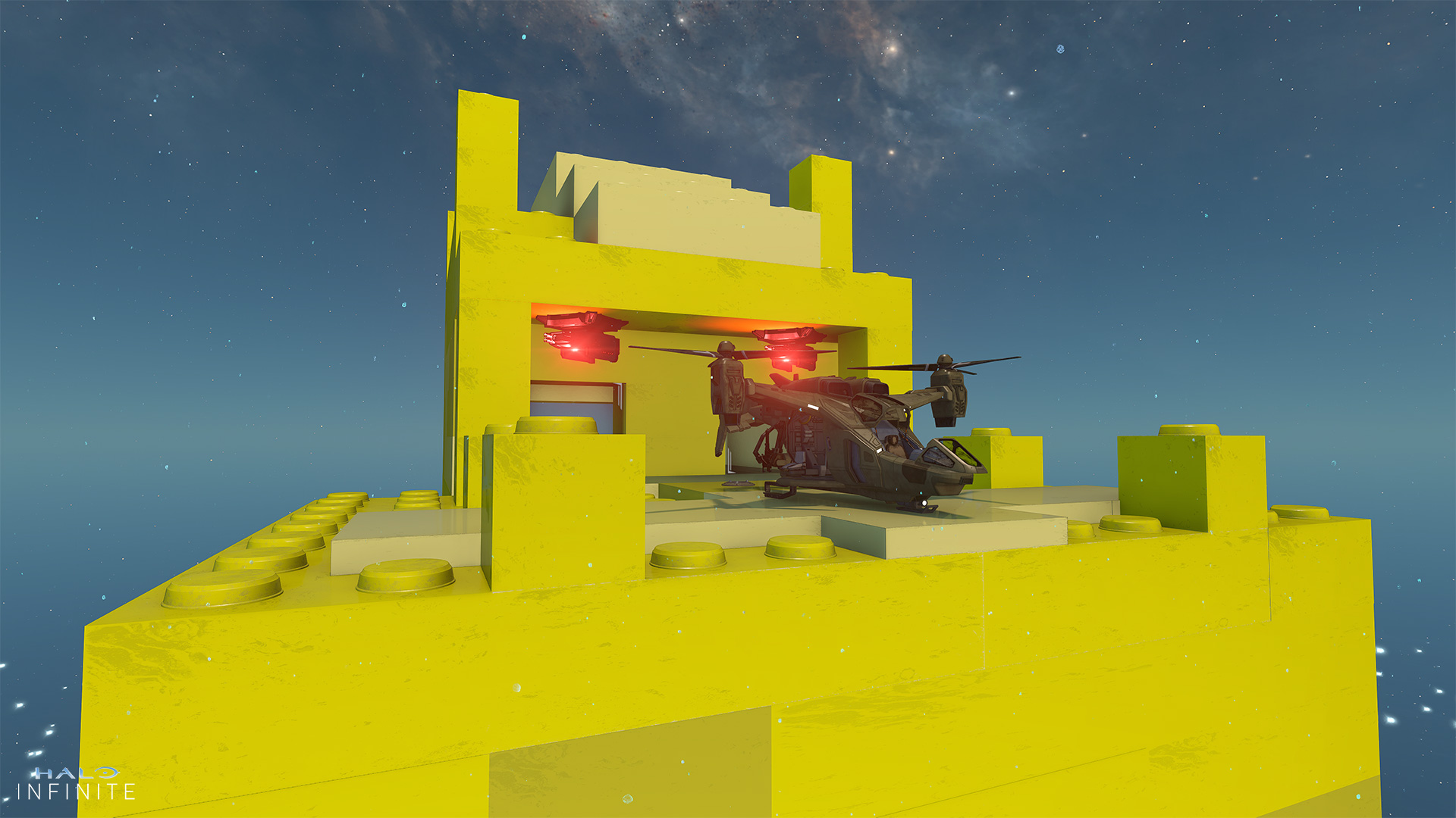 The Falcon resting on a launchpad on top of the yellow, blocky base of Skyblocks.
