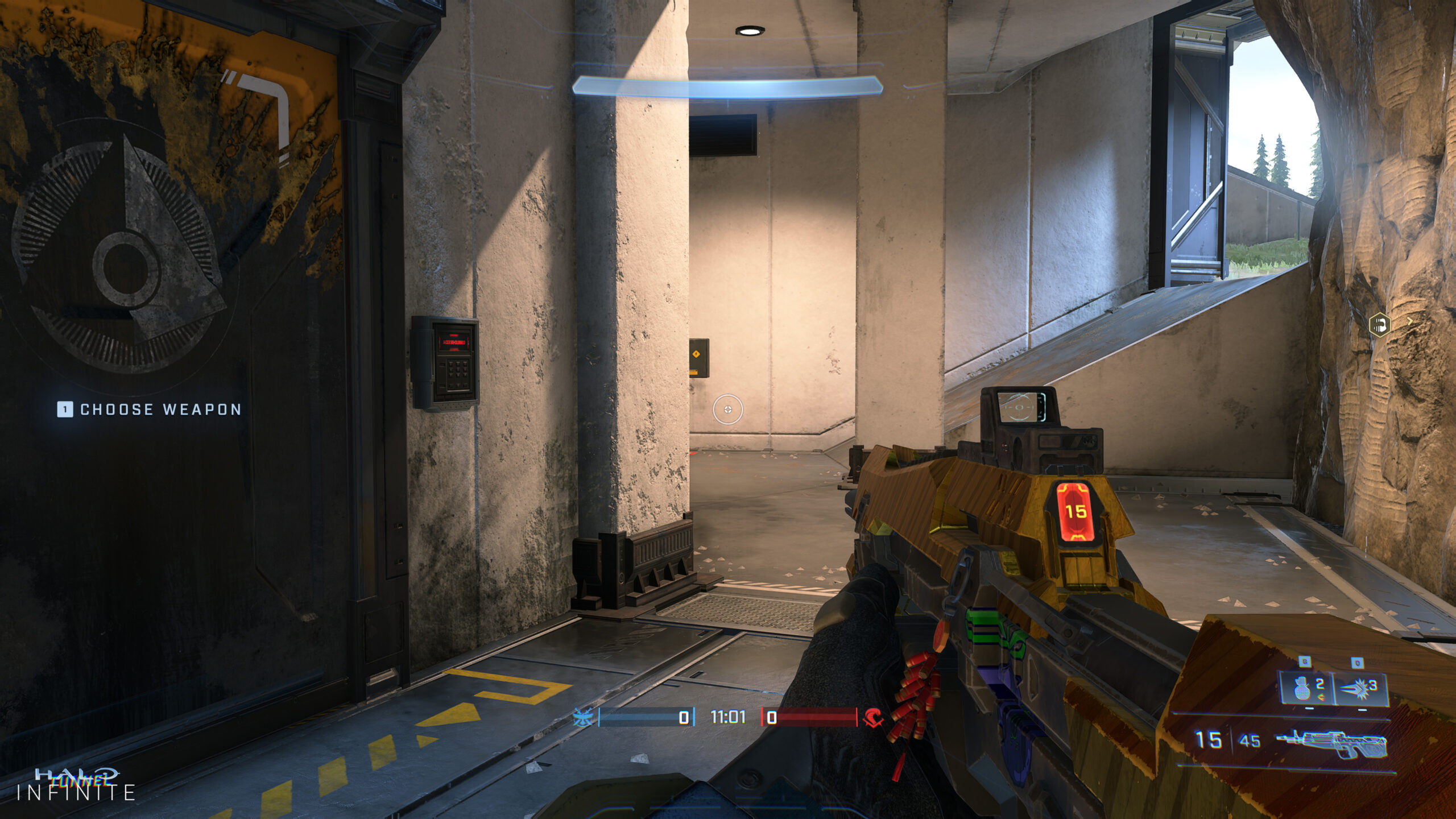 Gameplay in first-person perspective. The player holds a customized golden Bandit in a concrete base adorned with ONI logos. An on-screen prompt reads “[1] Choose Weapon,” signifying that PC players can press the “1” key to enter a selection menu.