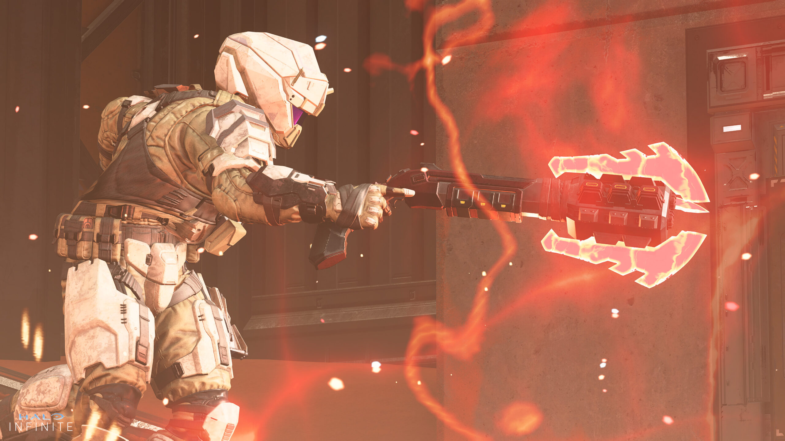 A Spartan in Direwolf armor swings the Even Hand Mutilator. The weapon’s miniature Gravity Hammer issues forth red, striated energy waves.