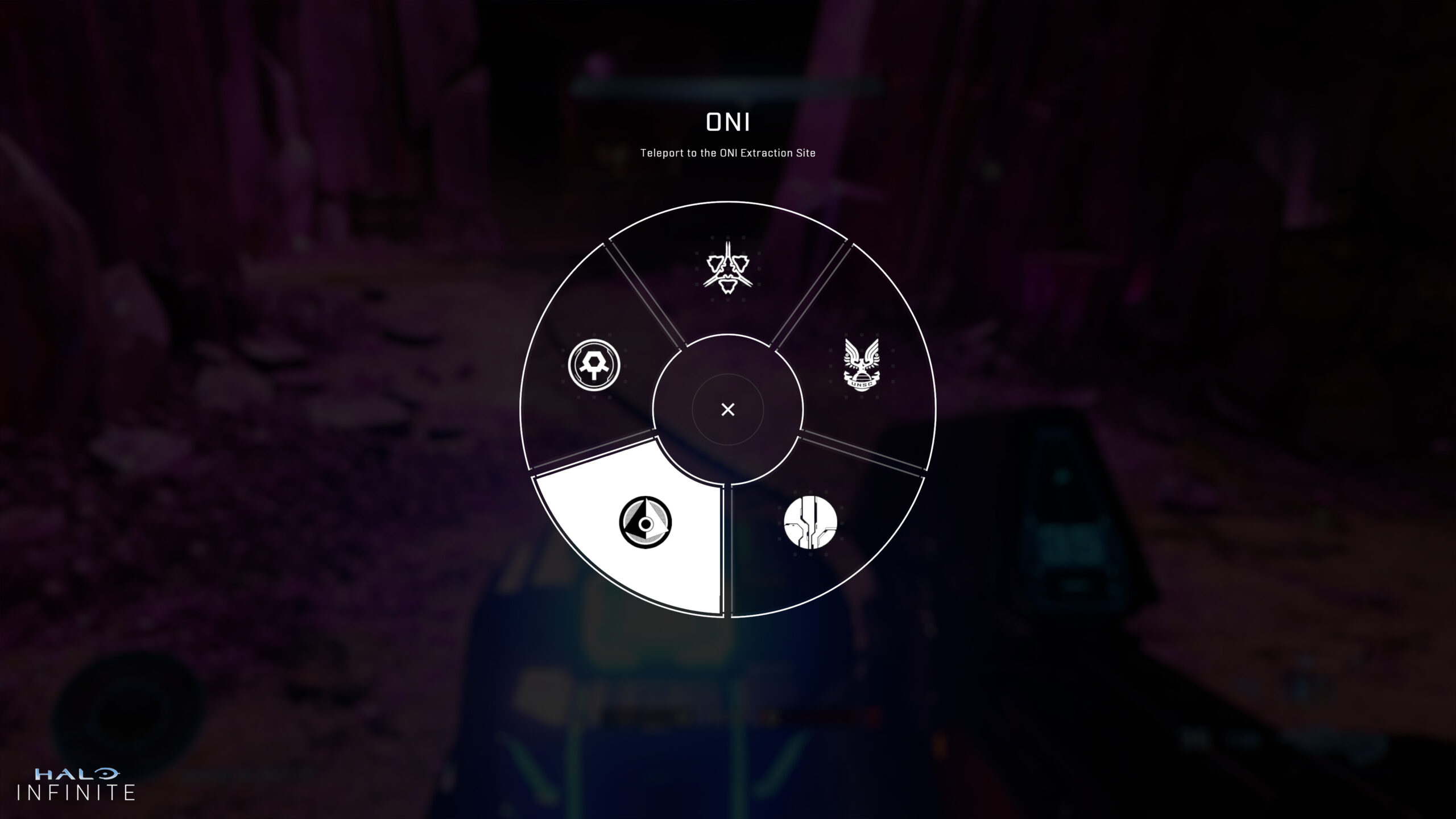 A Radial Menu as seen during gameplay. The menu presents a wheel segmented into five parts, each of which displays the logo of a Halo faction. A player’s first-person perspective of a purple mineral mine is blurred in the background. Header text reads: “ONI: Teleport to the ONI Extraction site.”