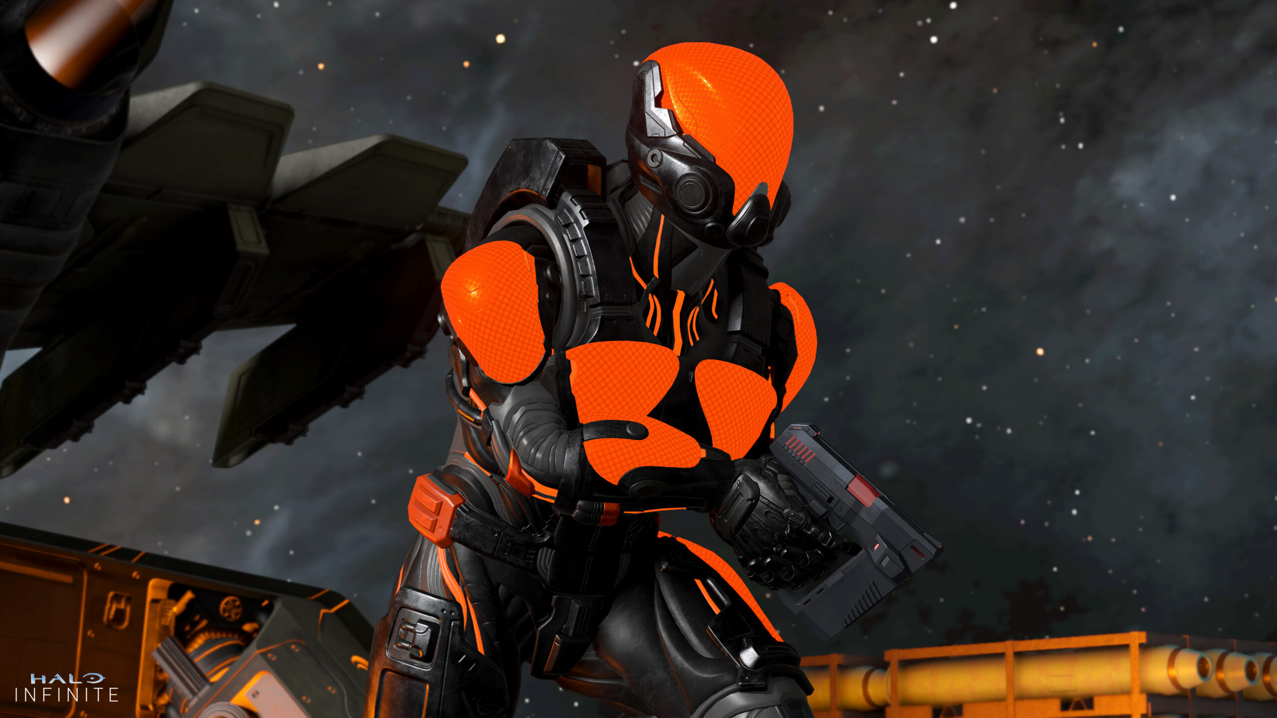 A Spartan in Rectifier armor runs through falling snow toting the Blackjacket Sidekick. The armor is mostly black with convex, luminous, orange facets on its spaulders, chestplate, gauntlets, and visor.