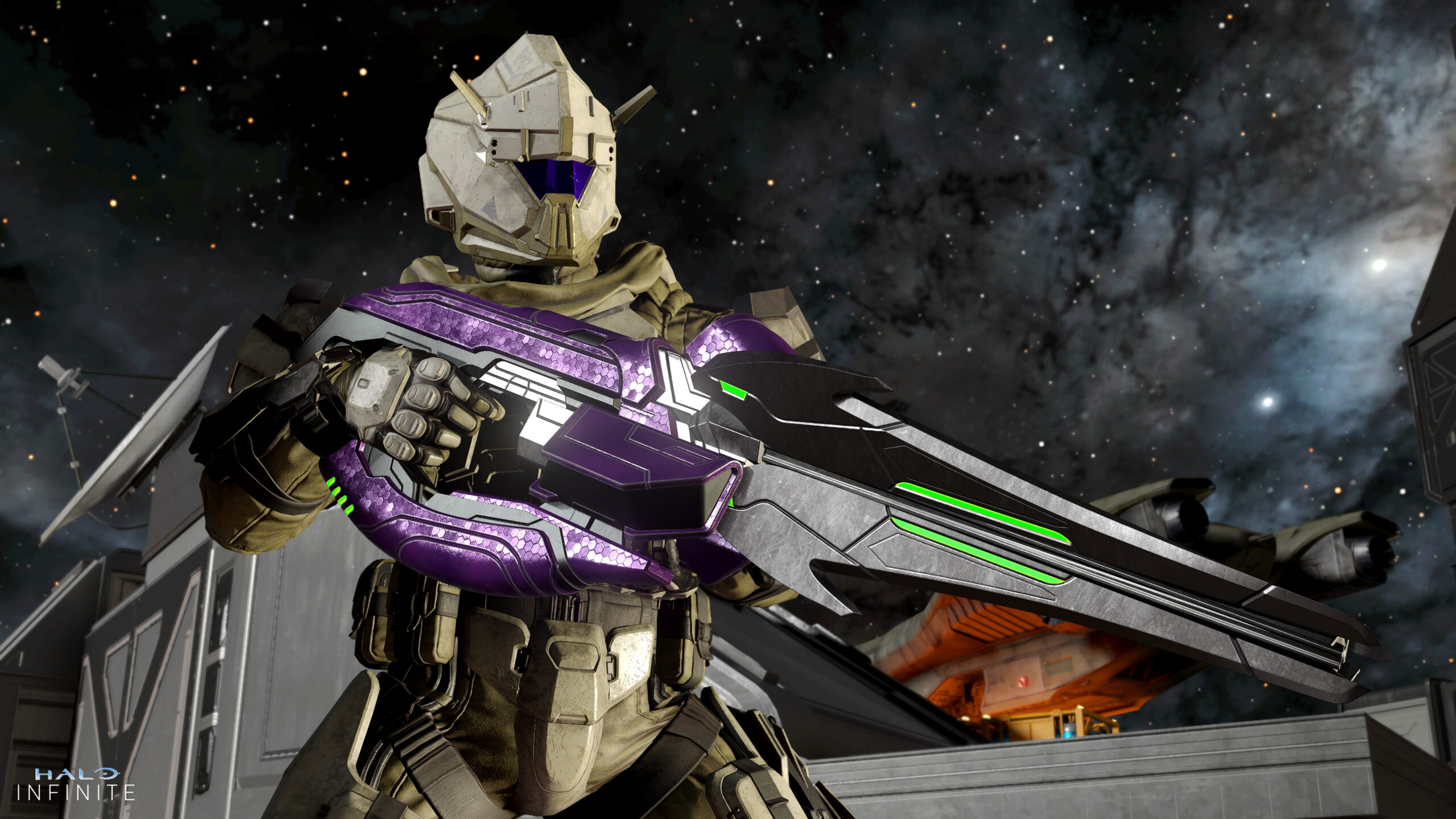 A Spartan in Direwolf armor stands at the ready with a Vestige Carbine rifle.