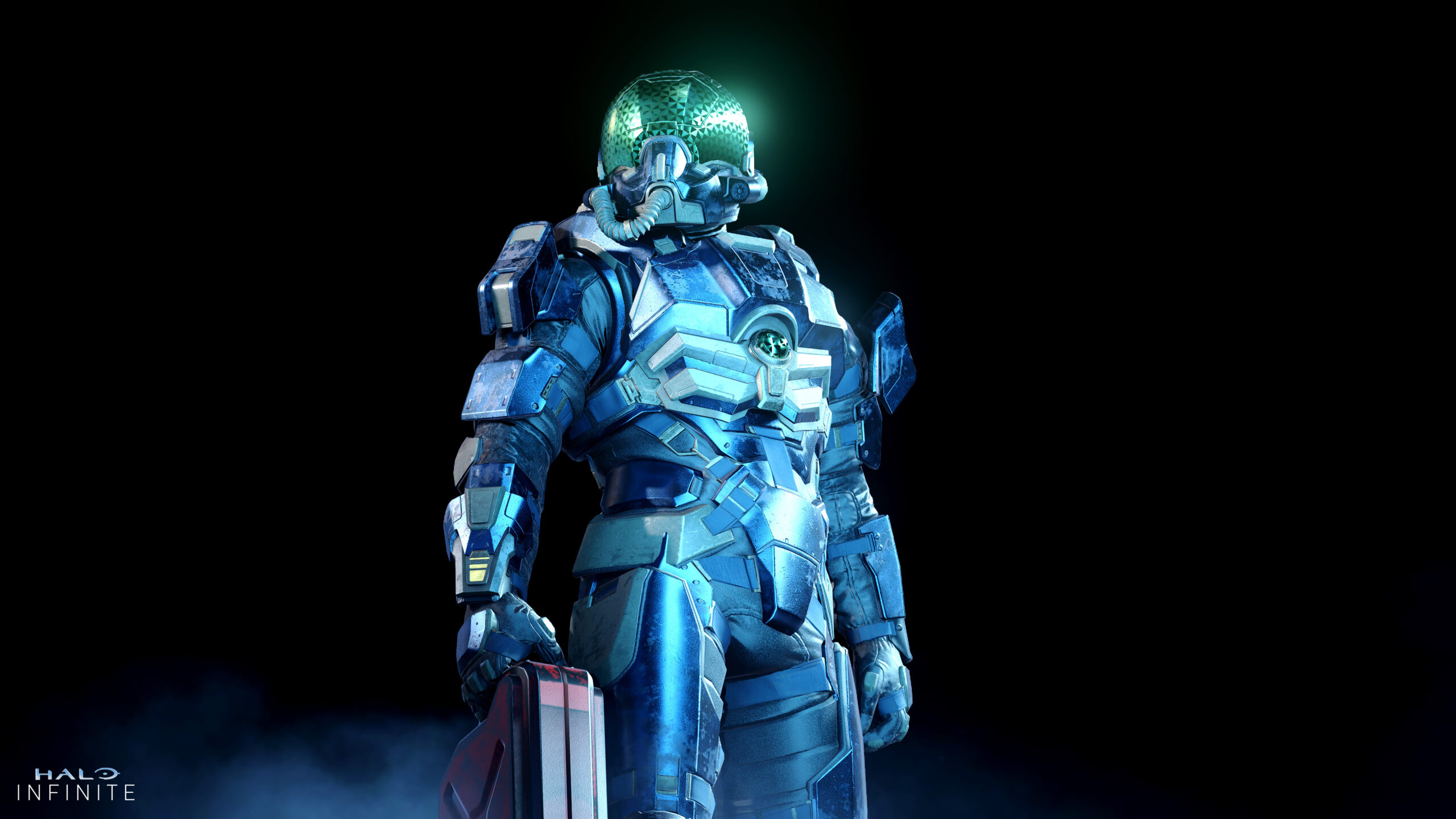 A Spartan in Whisper flight gear holds an equipment satchel.