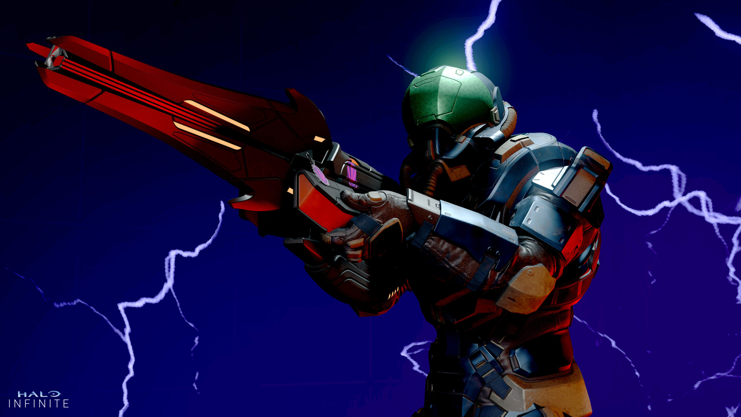 A Spartan in Whisper flight gear aims the Vestige Carbine while bathed in red light. Lightning streaks the darkening sky behind them.