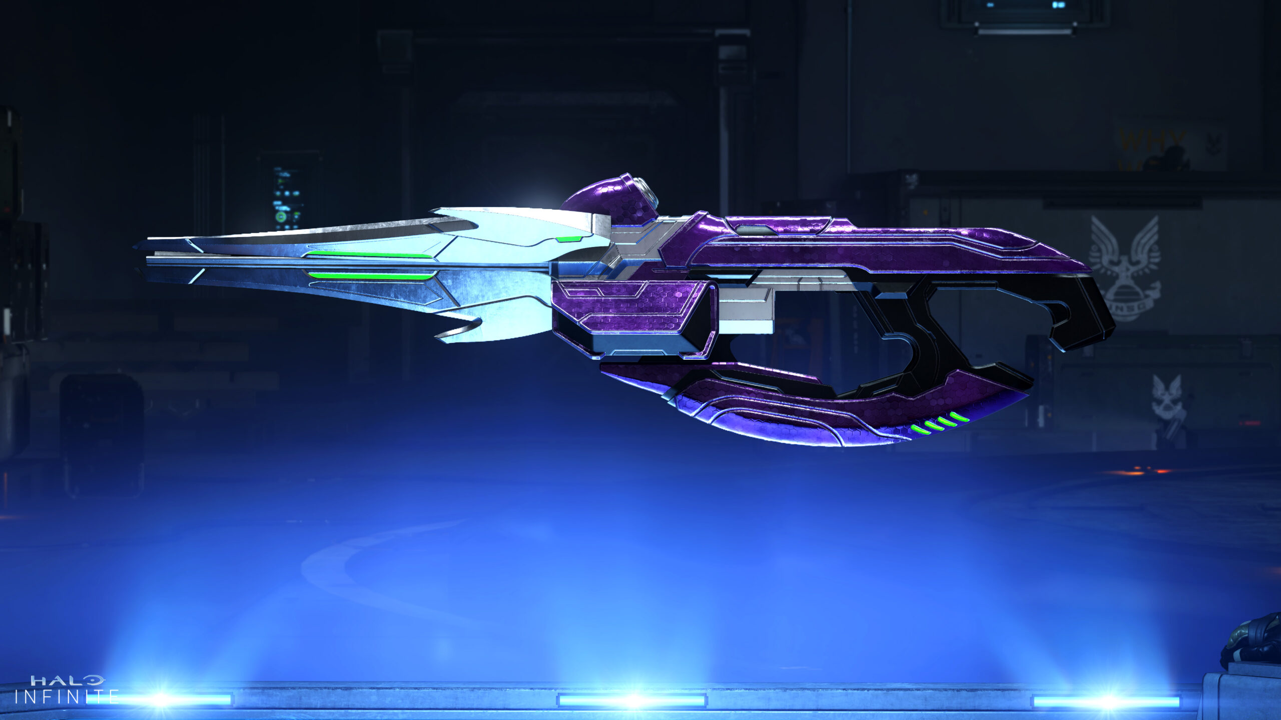 The Vestige Carbine rifle as seen in the Weapons Bench. Its angular stock is purple, and its silver barrel is winged with pointed ejection ports. Green lights glow on the barrel and grip.