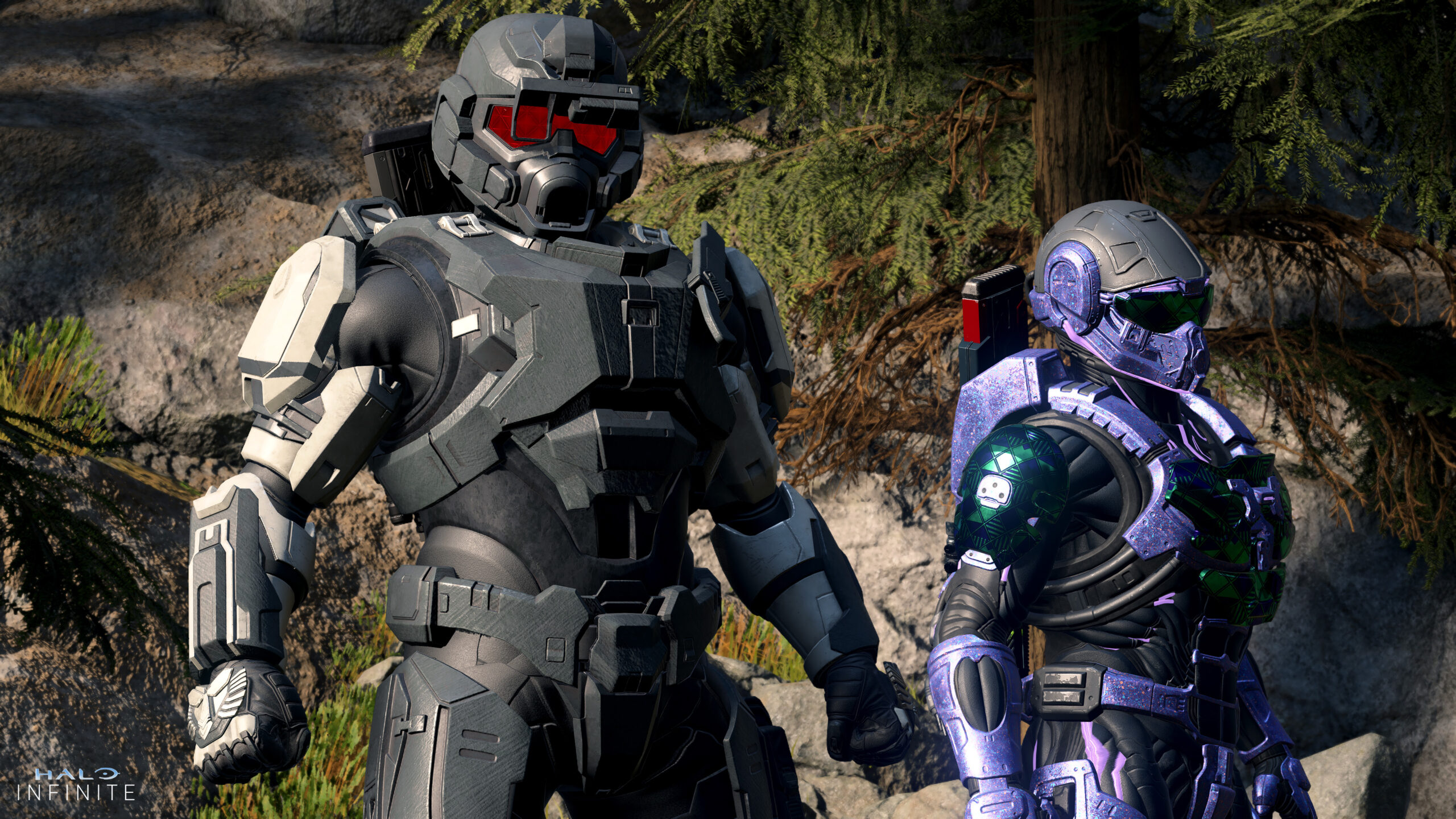 Spartans in the SECOPS and Merrow armor sets stand together in a forested scene.