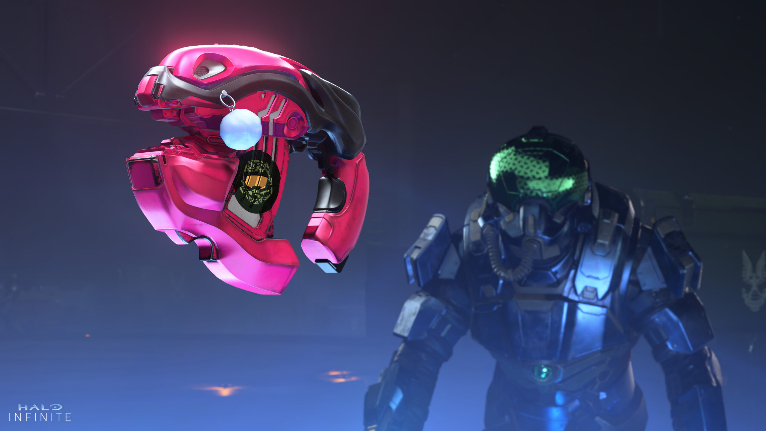 A Spartan in Whisper flight gear admires a hovering, customized Plasma Pistol in the Weapons Bench.