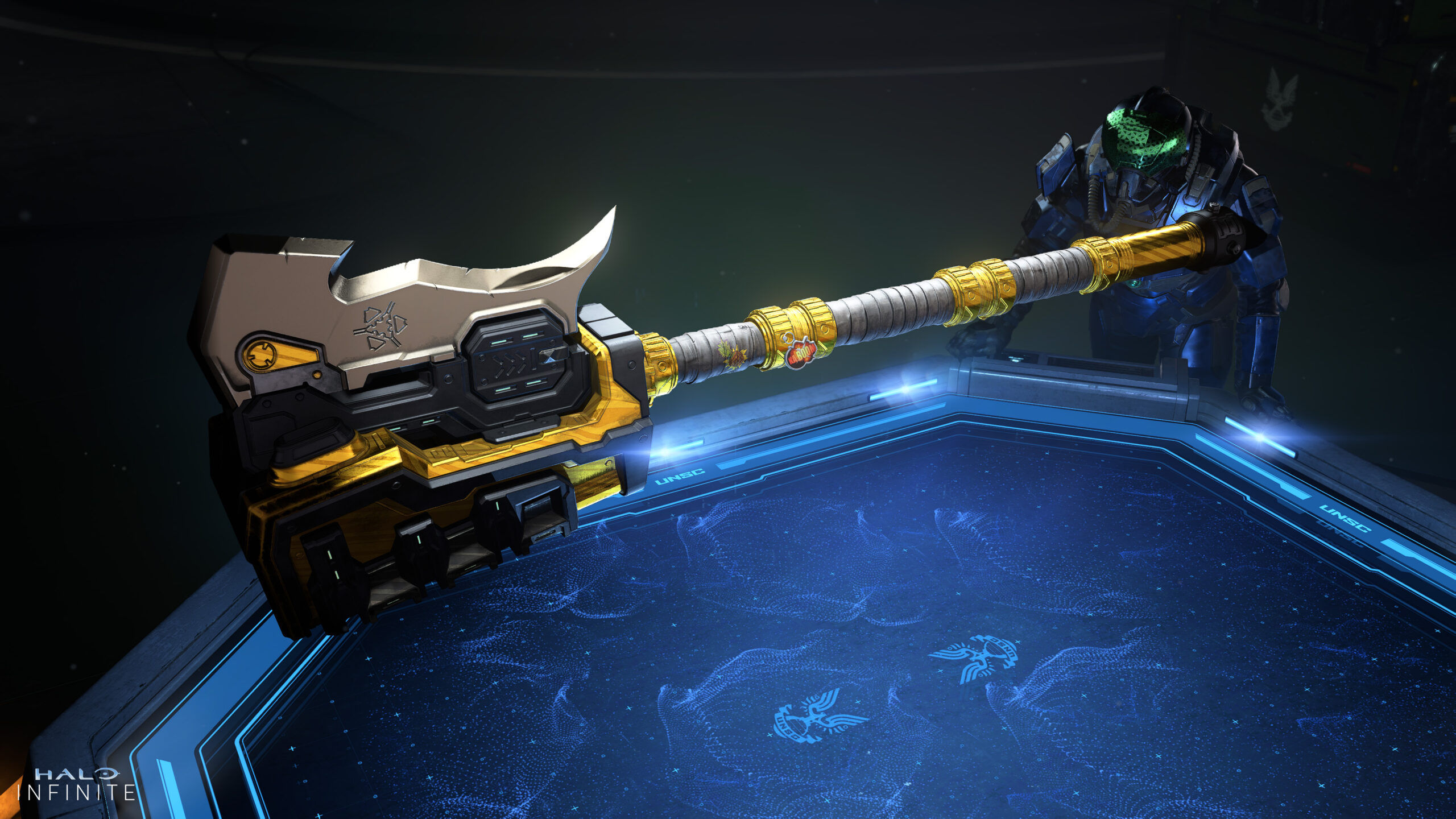 A Spartan in Whisper flight gear admires a custom, golden Gravity Hammer as it hovers above the Weapons Bench.
