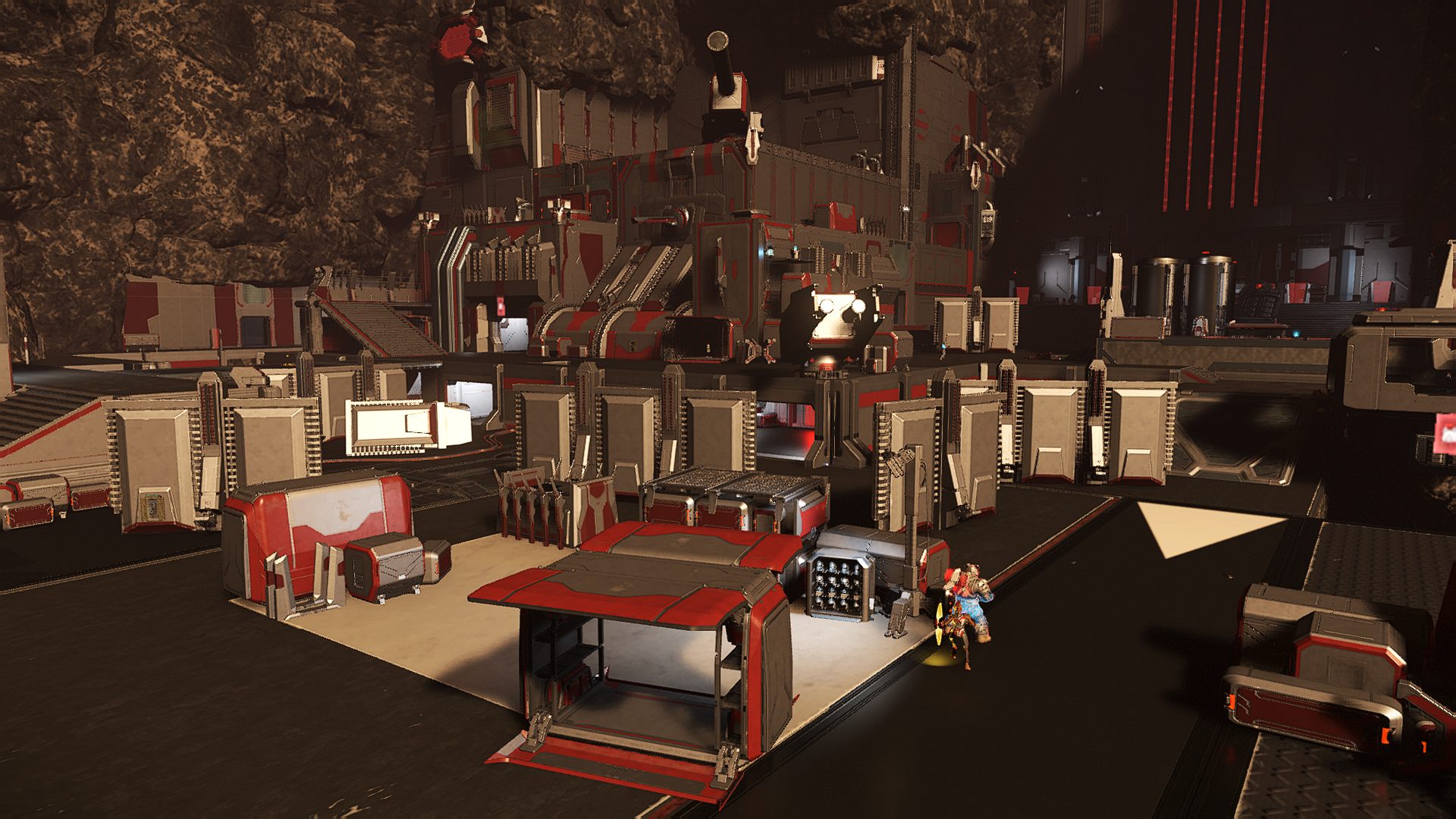 “The Bastion of Retribution” Forge map. A massive anti-aircraft gun looms over a Banished outpost embedded in the side of a mountain.