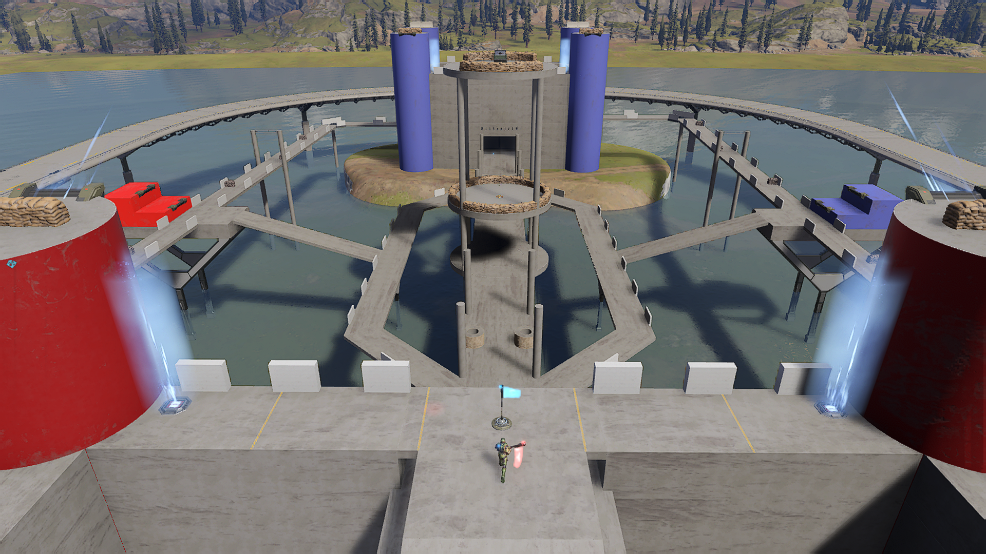 “Castle Wars 3” Forge map. Two oversize castles face one another across a series of slender walkways. On the nearest ramparts, a Spartan carries the Cobra flag to the Eagle flag to score.