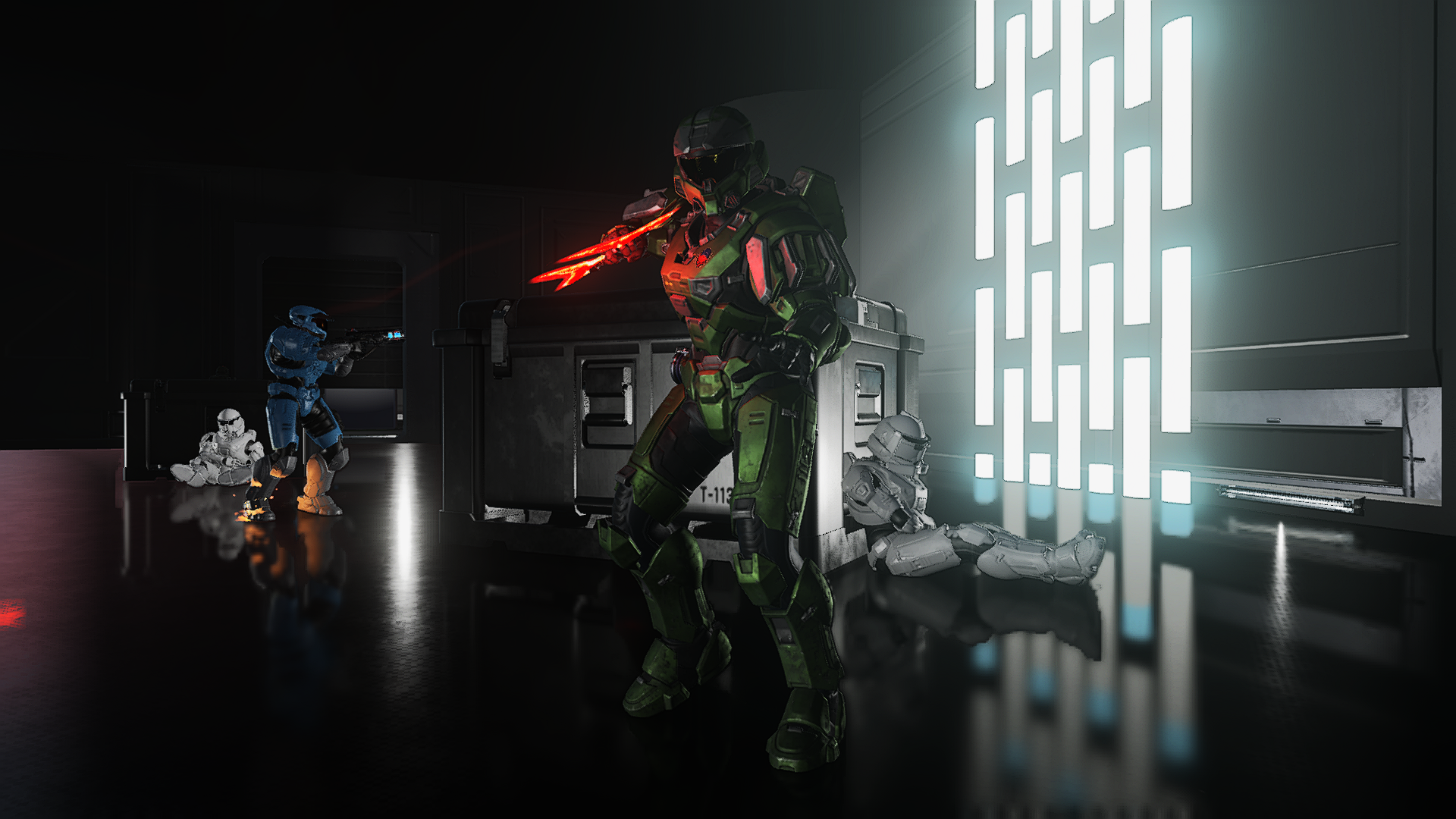“Evil Moon Escape” Forge map. A Spartan wielding a Bloodblade stares ominously as their teammate searches through the dark corridors of a spaceship for enemies. Dead Spartans litter the map, wearing white armor reminiscent of an evil empire’s foot soldiers.