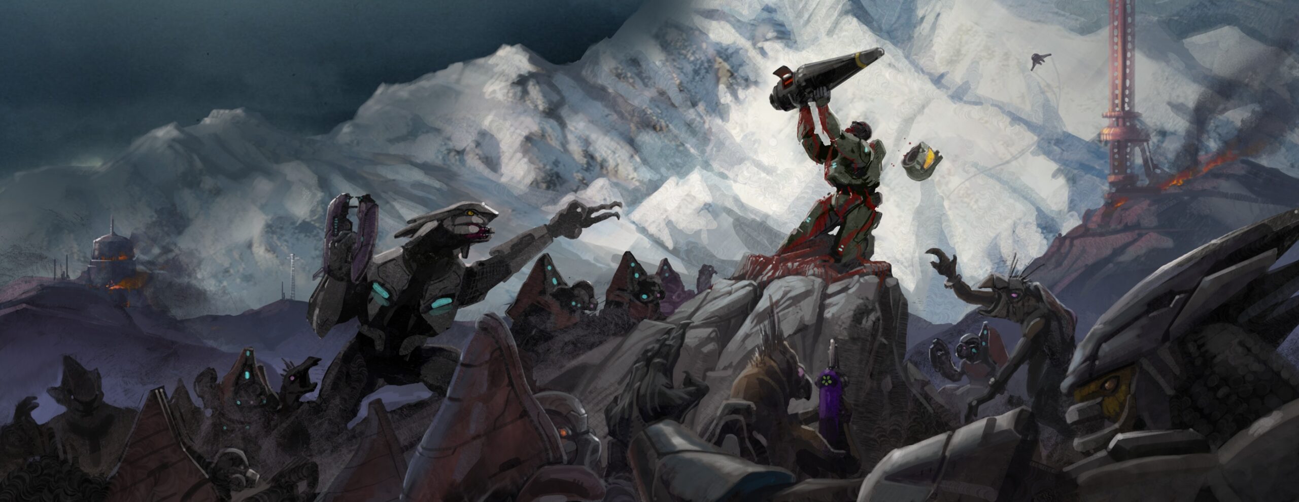 Full Ghosts and Glass art depicting a Spartan holding a nuclear device aloft with their helmet knocked off while a Covenant army swarms him