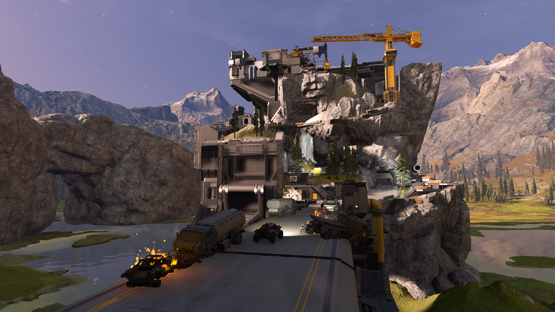“High Castle” Forge map. An industrial construction site blends seamlessly into a rocky plateau. A Spartan in a Razorback drives into a tunnel bored into the cliffside.