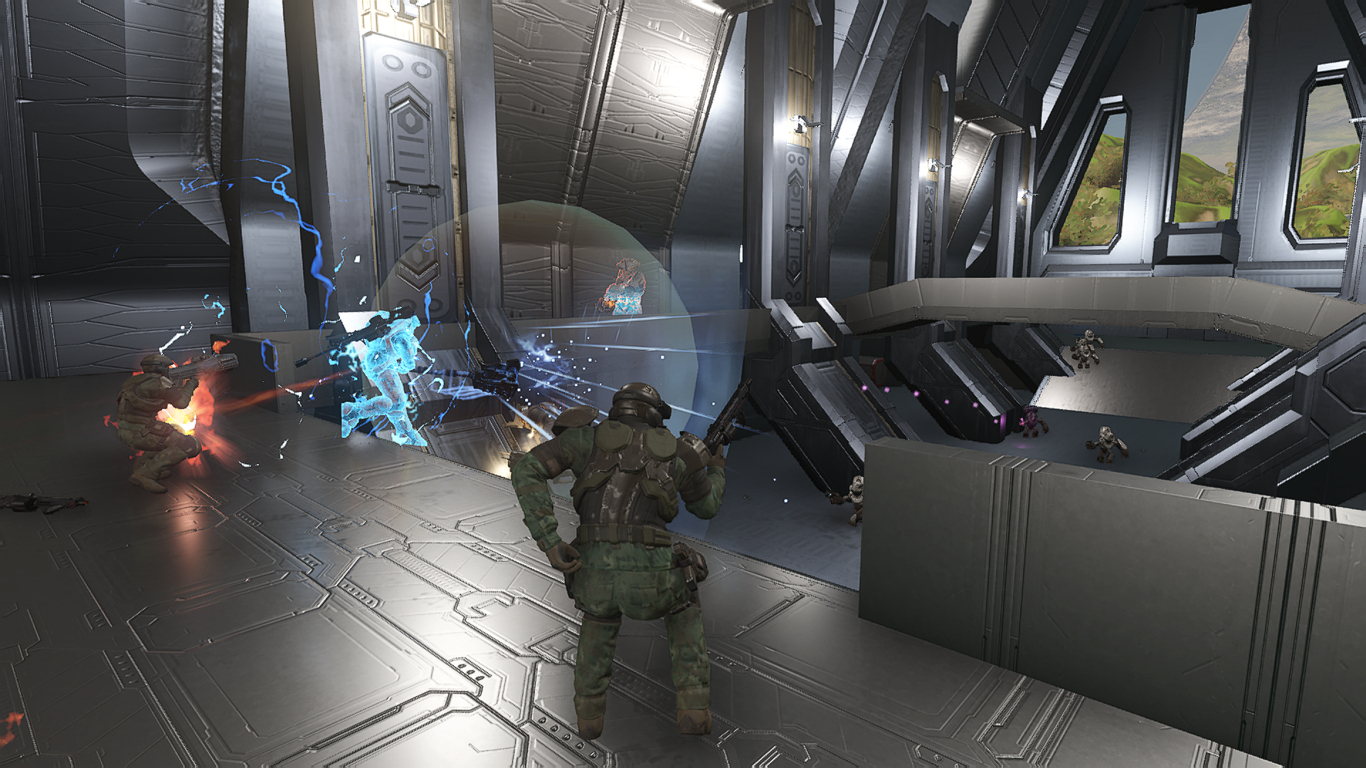 “Operation: Hydra Nest” Forge map. Marines aid a Spartan in assaulting a large Forerunner temple. The Spartan swings a Gravity Hammer at unseen foes as more Banished forces close in.