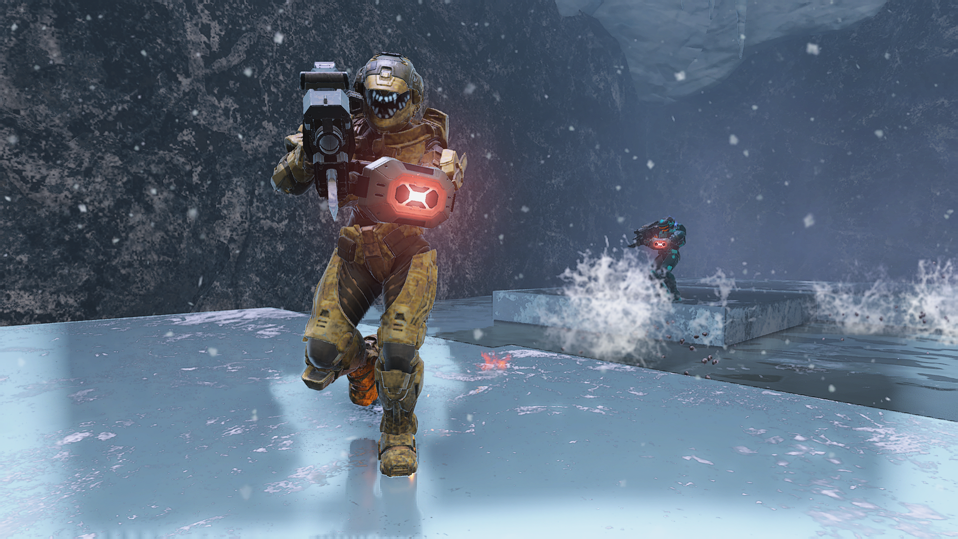 “TFF | Ice Breakers” Forge map. A Spartan carrying a Skewer runs across a grid of uniform ice blocks as another block melts behind them, dropping a pursuer into frigid water.