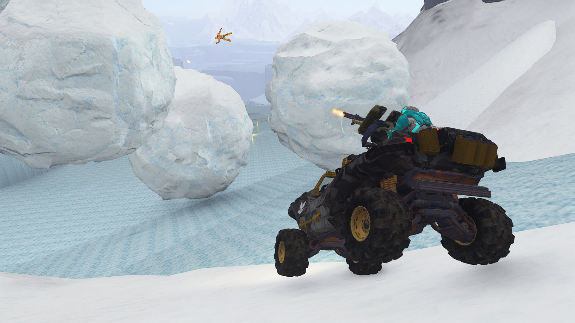 “Ice Road Truckers” Forge map. A team of Spartans in a Warthog shoots an Infected Spartan out of the sky as they race through an avalanche of giant snowballs.