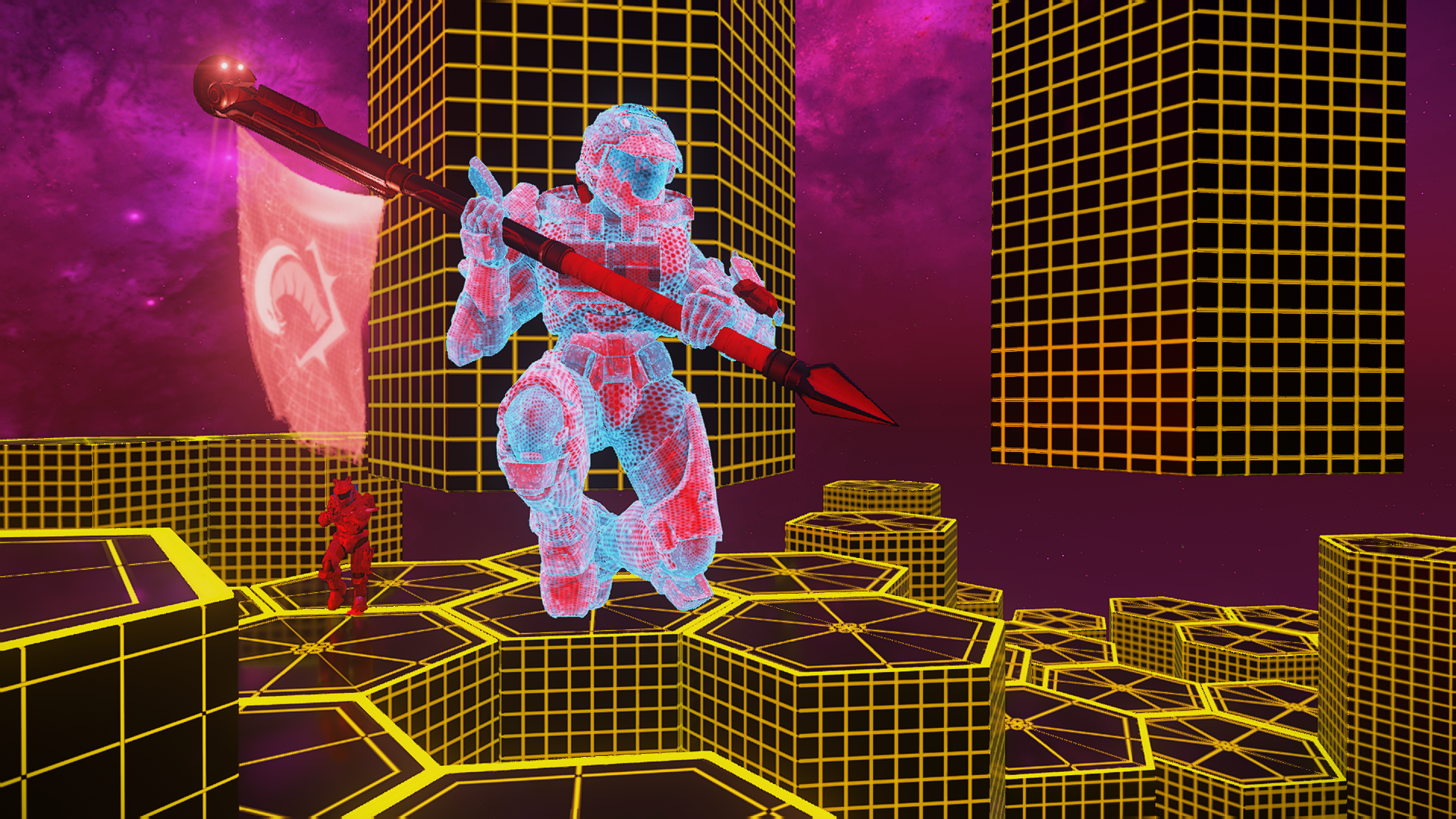 “King Ping” Forge map. A Spartan carrying the Cobra flag flees a pursuer through a maze of black-and-yellow hexagonal platforms.