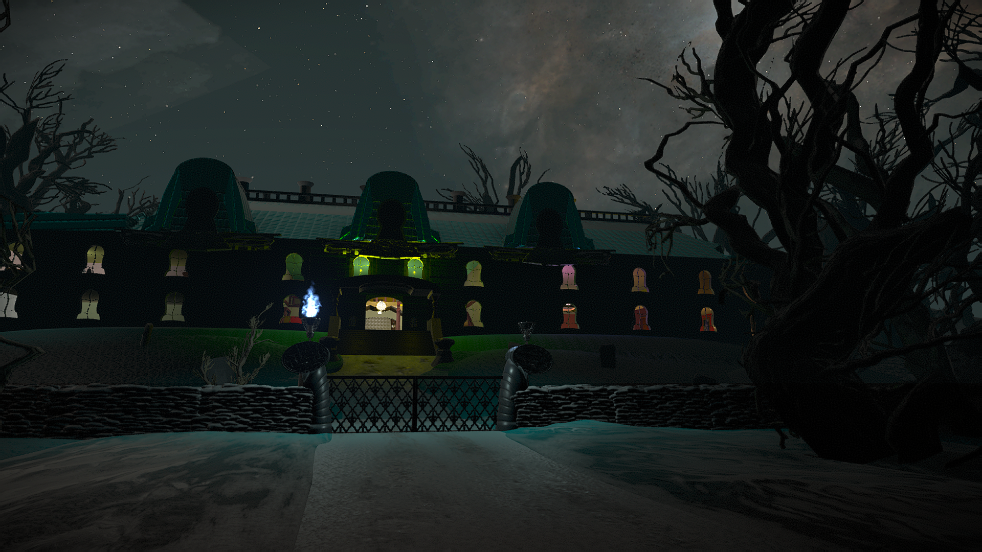 “Plumber’s Palace” Forge map. A cartoonish haunted mansion emanates green light from two windows above its open front door, resembling an angry face.