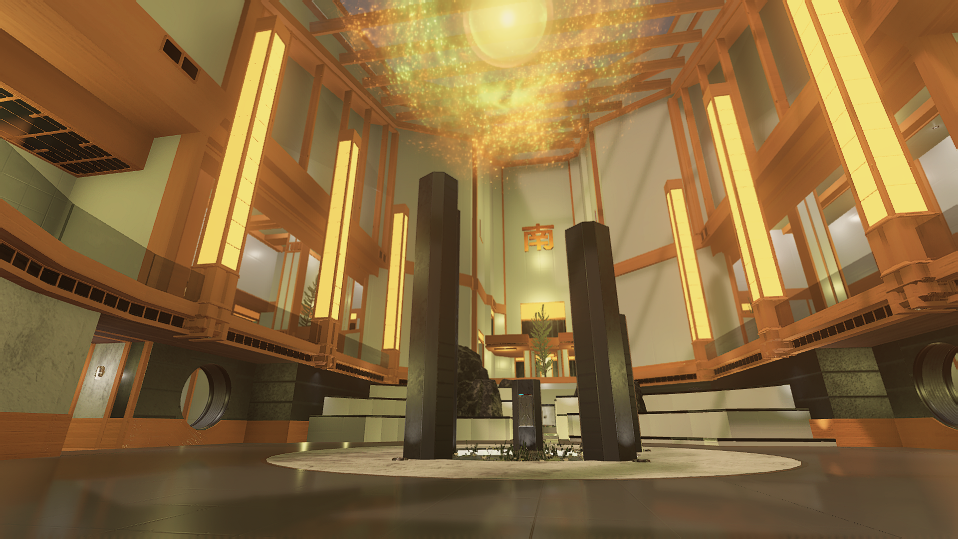 “Reflection” Forge map. The ornate foyer of a lushy furnished structure. Pillars of light line an upper balcony opening onto the lower level, where stone obelisks surround an artificial pond. From the rafters of a high ceiling, a glowing orb of plasma illuminates the scene.
