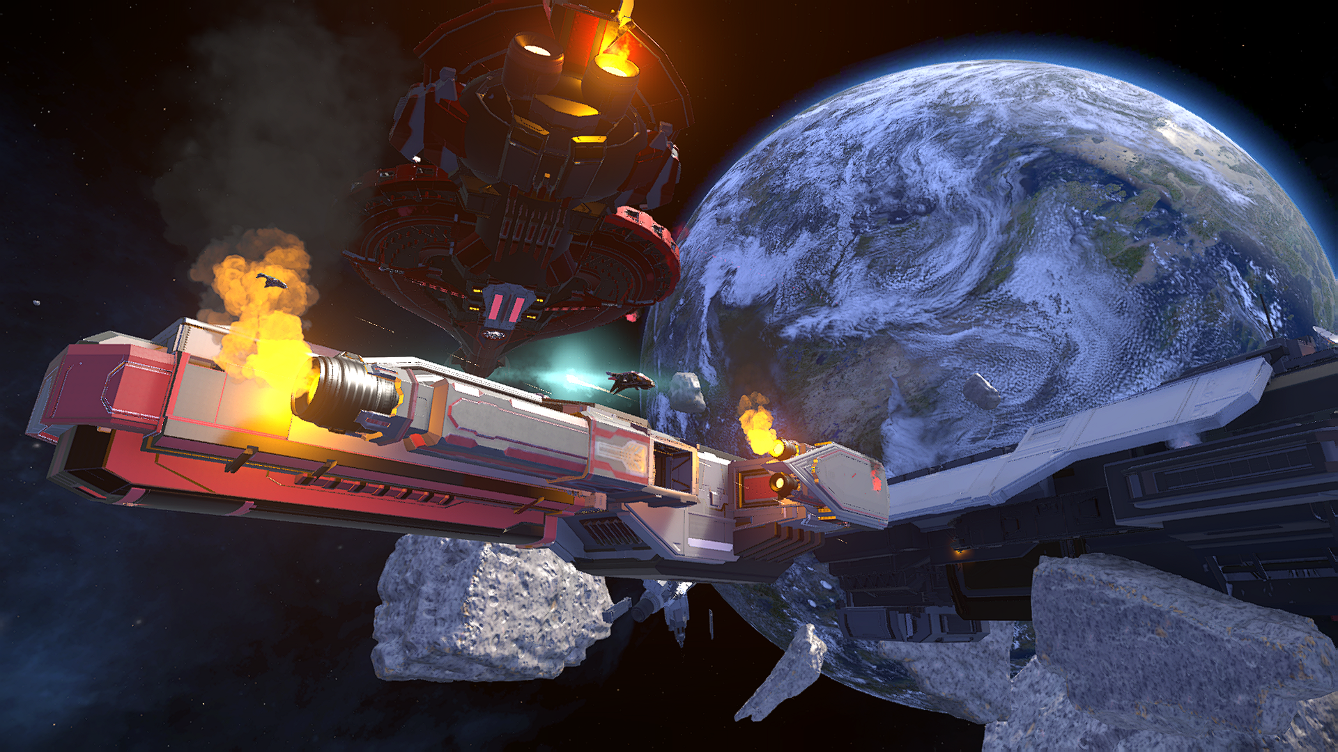 “Space Assault Campaign” Forge map. Two enormous Banished warships encircle a UNSC frigate in an asteroid field before an Earth-like planet. A Wasp pursues a Phantom dropship over the nearest burning Banished frigate.