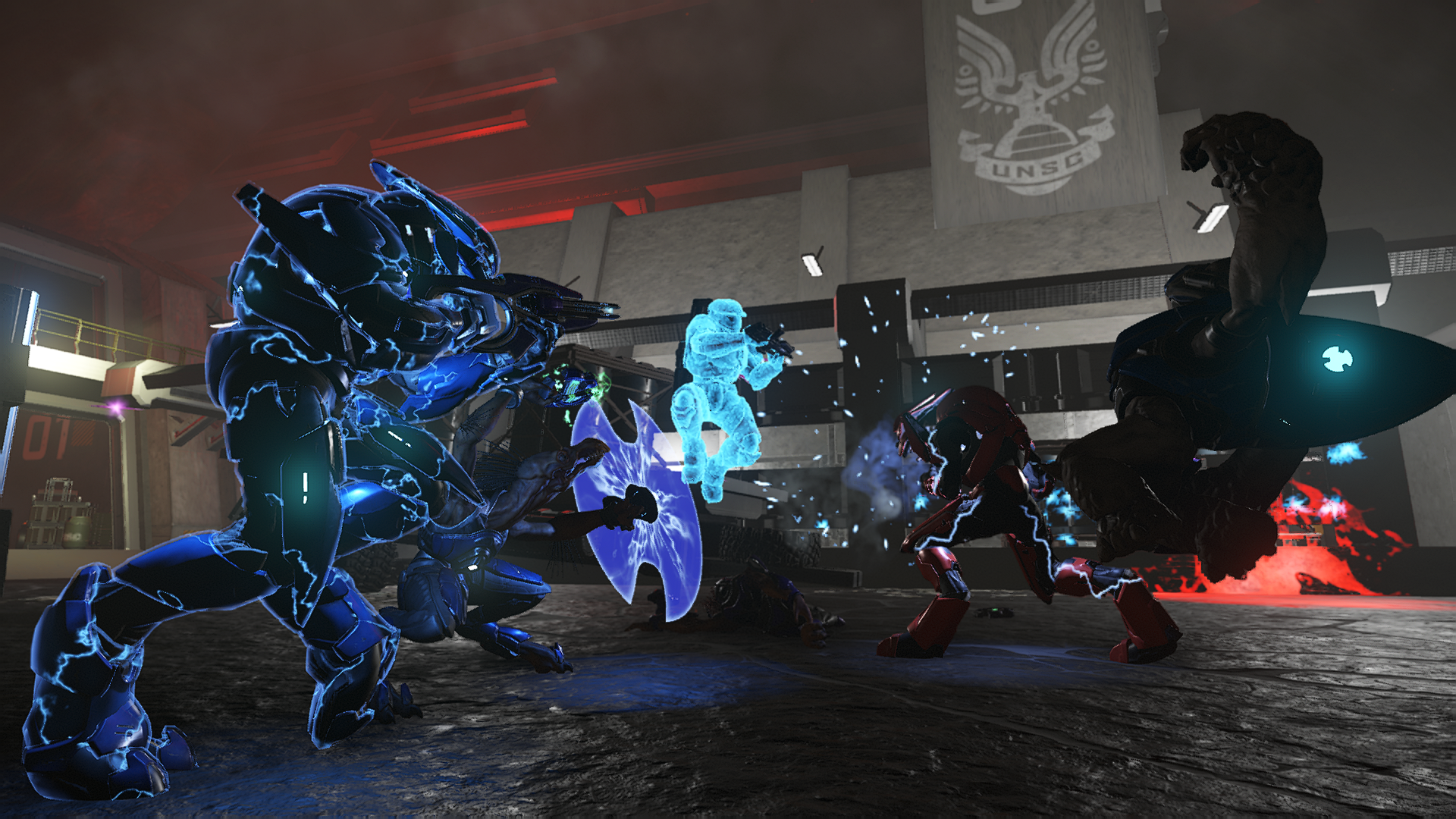 “Visegrád Relay” Forge map. Banished forces gather around a leaping Spartan with weapons drawn. Behind them stands a communications outpost bearing the UNSC logo.