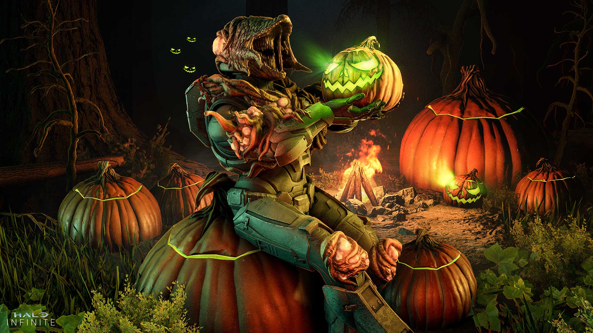 A Spartan in Dirgesinger armor sits in a pumpkin patch admiring a Jack O' Lantern as it emanates spooky, green light.