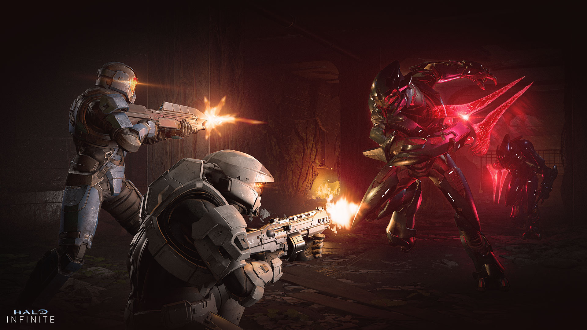 Two Spartans shoot an approaching Elite, who lunges at them with a red Energy Sword.