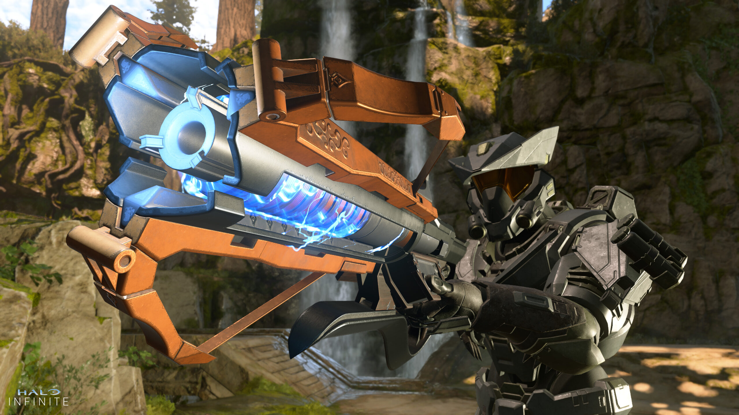 A Spartan in Helsinger armor aims the Hive Stalker Shock Rifle weapon model, which resembles a wooden crossbow. The Helsinger's helmet resembles an old-fashioned tricorn hat.