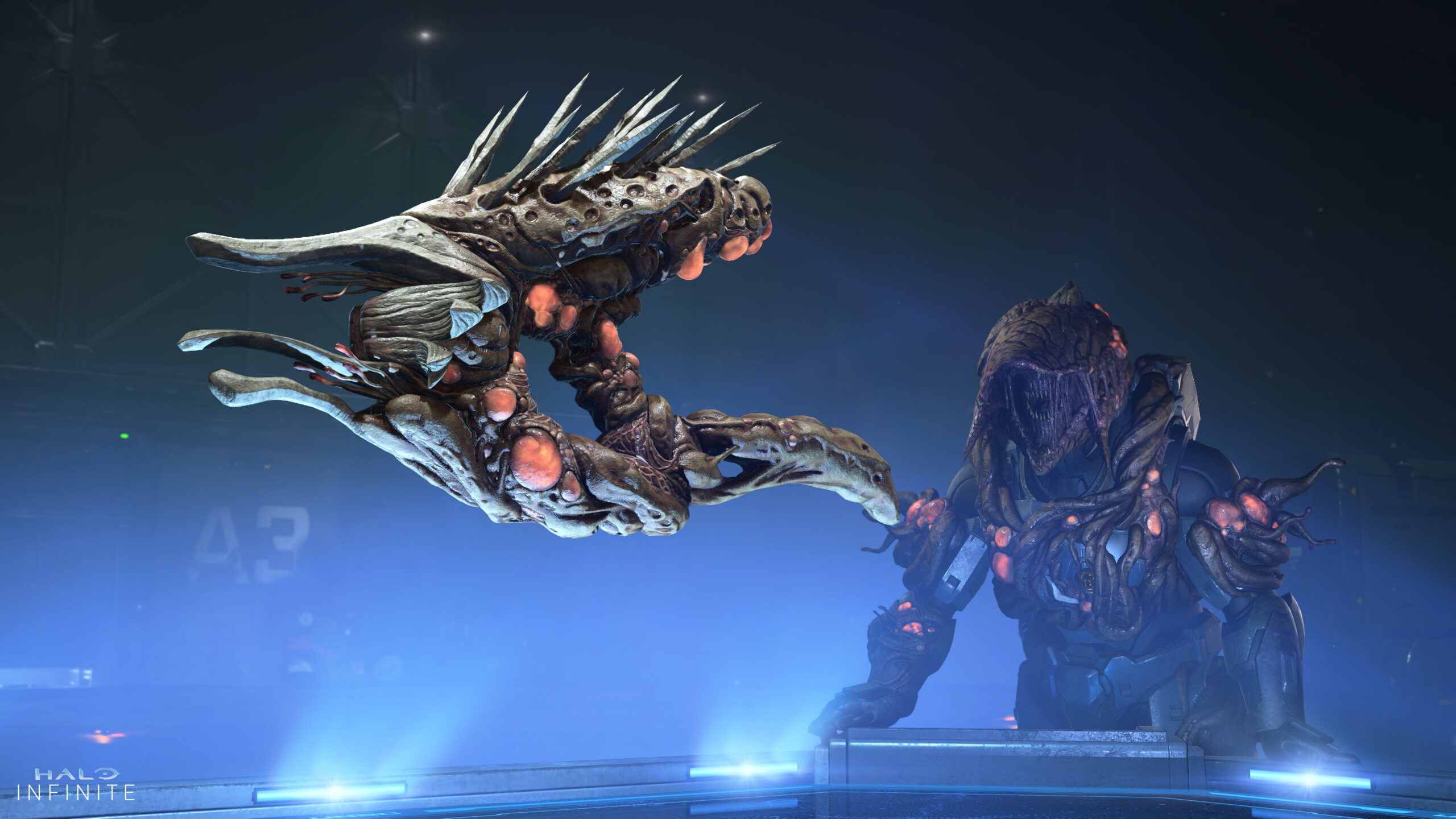 A Spartan in Dirgesinger armor admires a floating Needler equipped with the Defiled Needler weapon model and Corrupting Oil weapon coating. The weapon is covered in Flood pustules and fleshy protrusions.