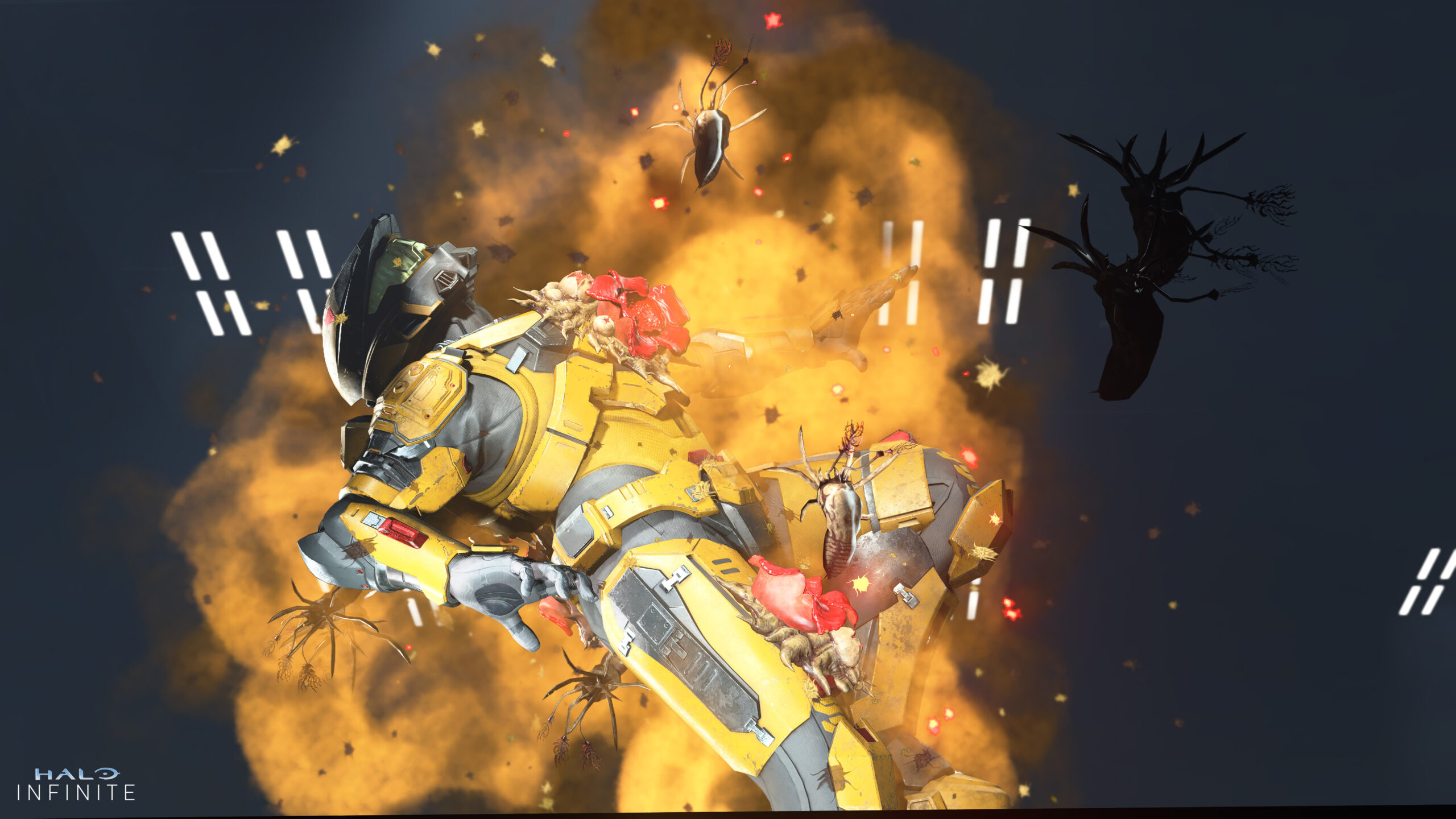 The Revealed Truth death effect. Flood Infection forms attack a dying Spartan, releasing a cloud of pestilential Flood spores.