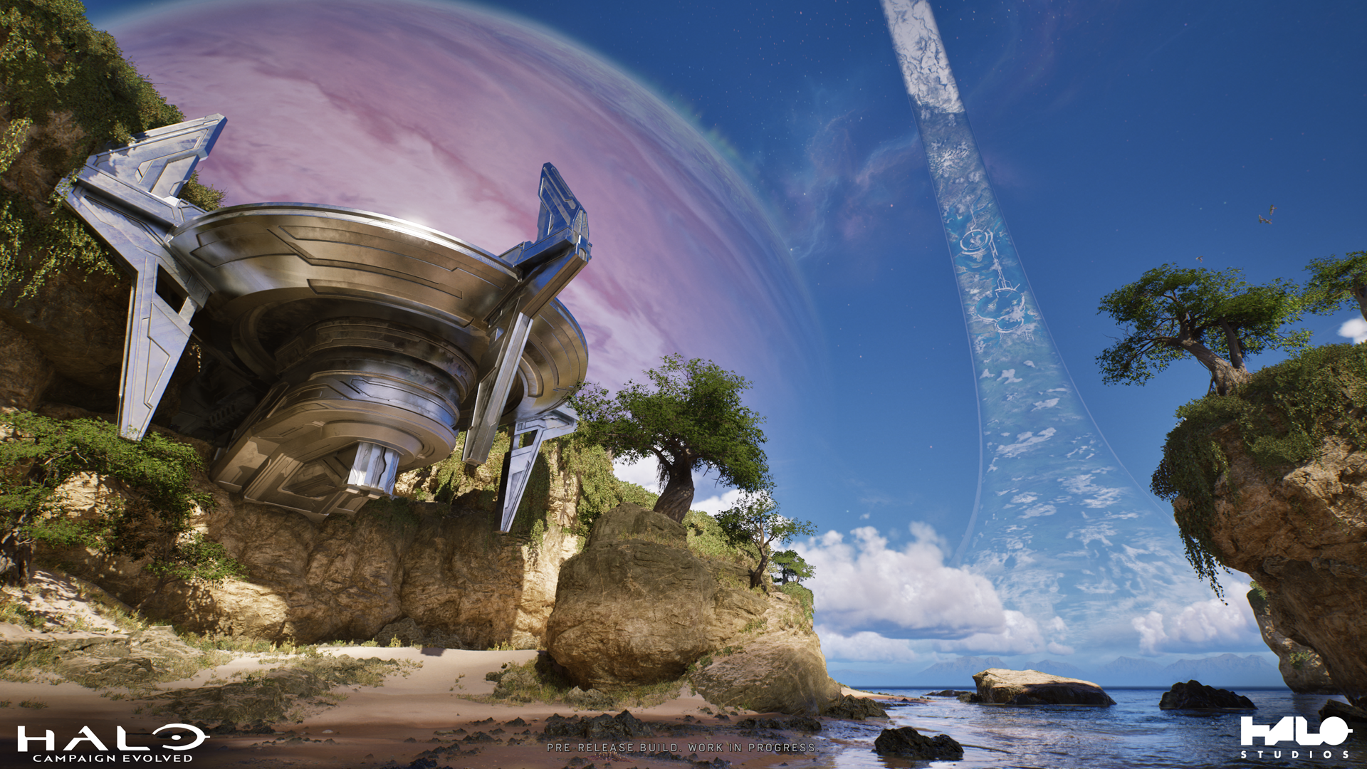 The Silent Cartographer campaign mission. A gleaming Forerunner installation juts from a cliff facing a beachfront and calm waters. The Halo ring curves from the horizon in front of a gas giant planet.