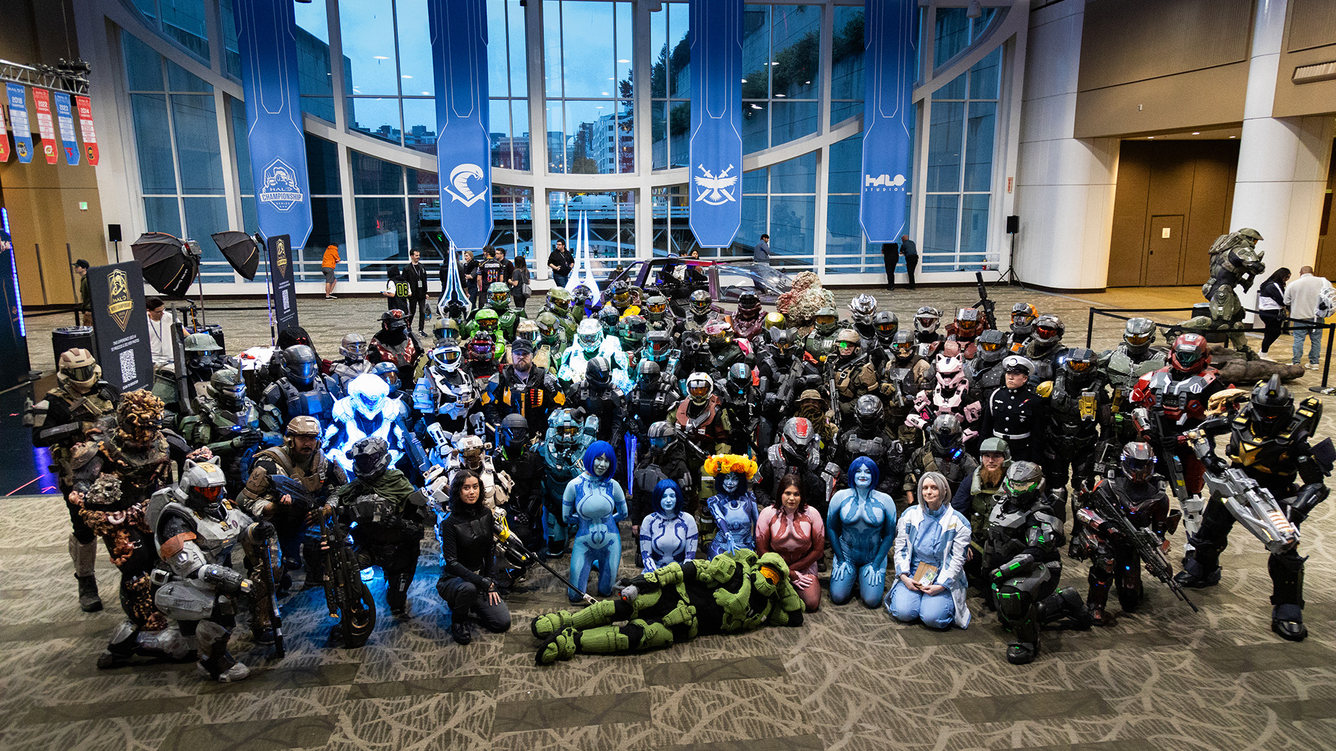 A group photograph of cosplayer contestants from the Halo World Championship Community Cosplay Contest.