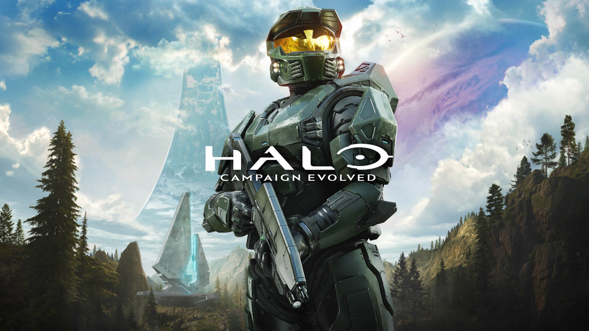Halo: Campaign Evolved key art. The Master Chief John-117 stands ready for action in a beautiful pinelands on Halo.