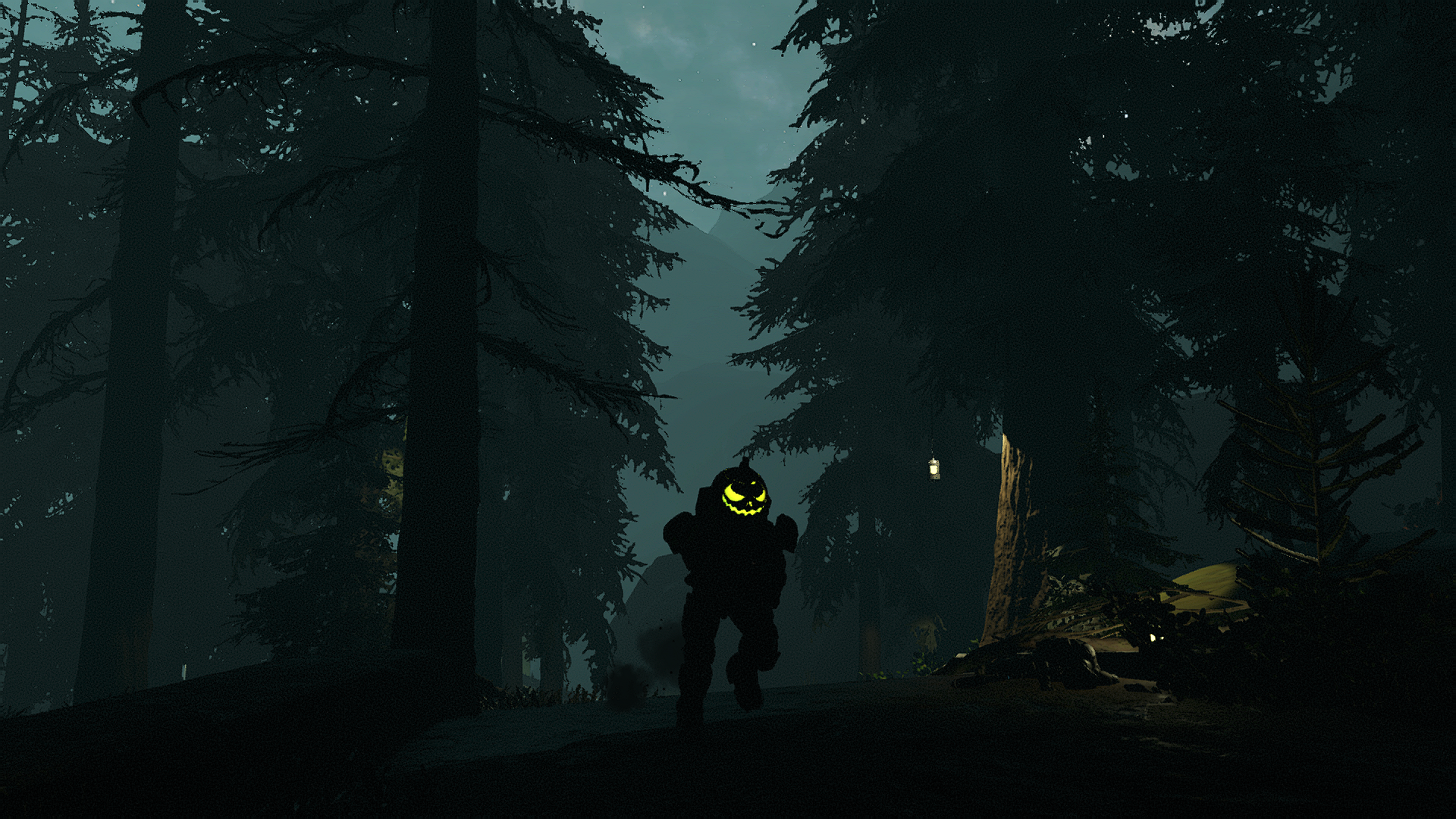 “Ra Kue’e Station” Forge map. The sinister silhouette of a Spartan in the Gourdian Knight armor set sneaks through a dark forest.