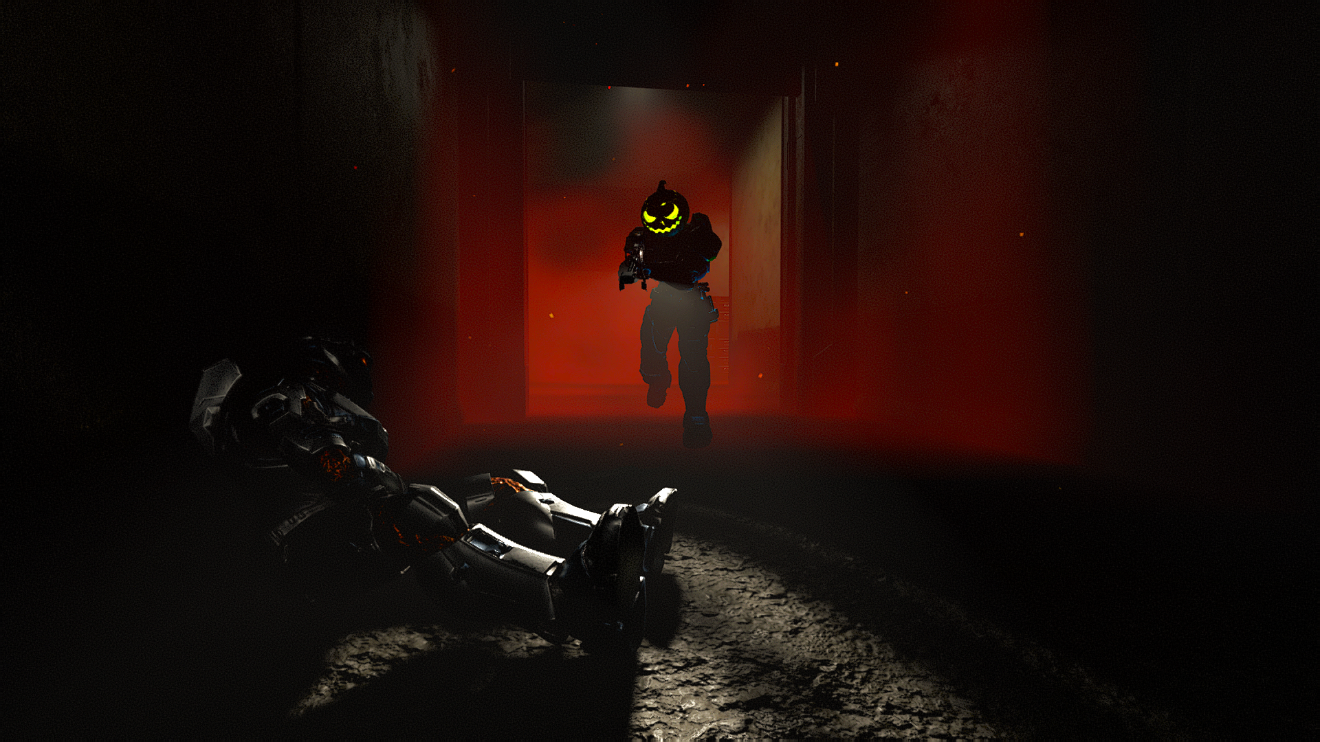 “The Abyss” Forge map. The sinister silhouette of a Spartan in the Gourdian Knight armor set runs through a hallway filled with red gas. The beam of their flashlight falls on a dead Spartan slumped against the wall.
