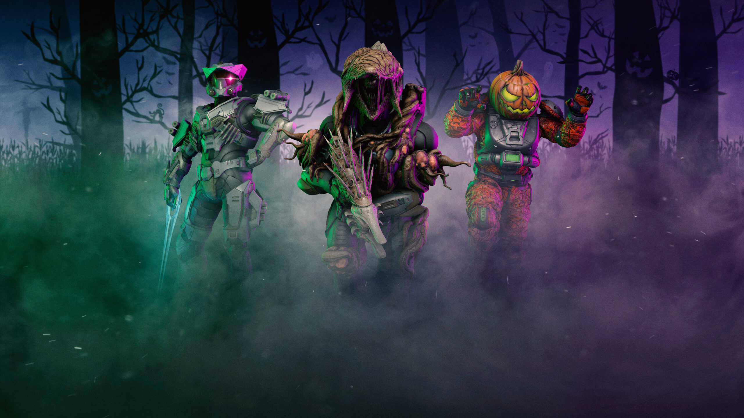 Haloween 2 key art. In a haunted forest shrouded in purple and green mists stands a trio of spooky Spartans wearing the Helsinger, Dirgesinger, and Gourdian Knight armor sets.