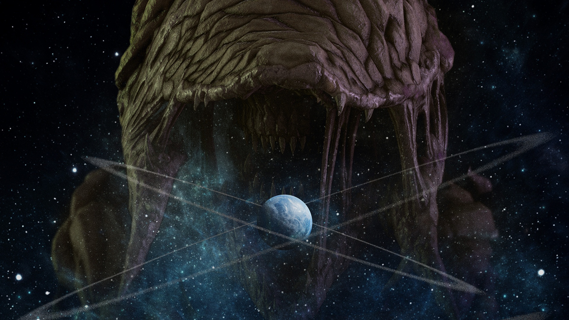 Cover art of Ascension on Atropos depicting a planet with two ring systems in space beneath the maw of a Flood-infected Spartan's Dirgesinger form