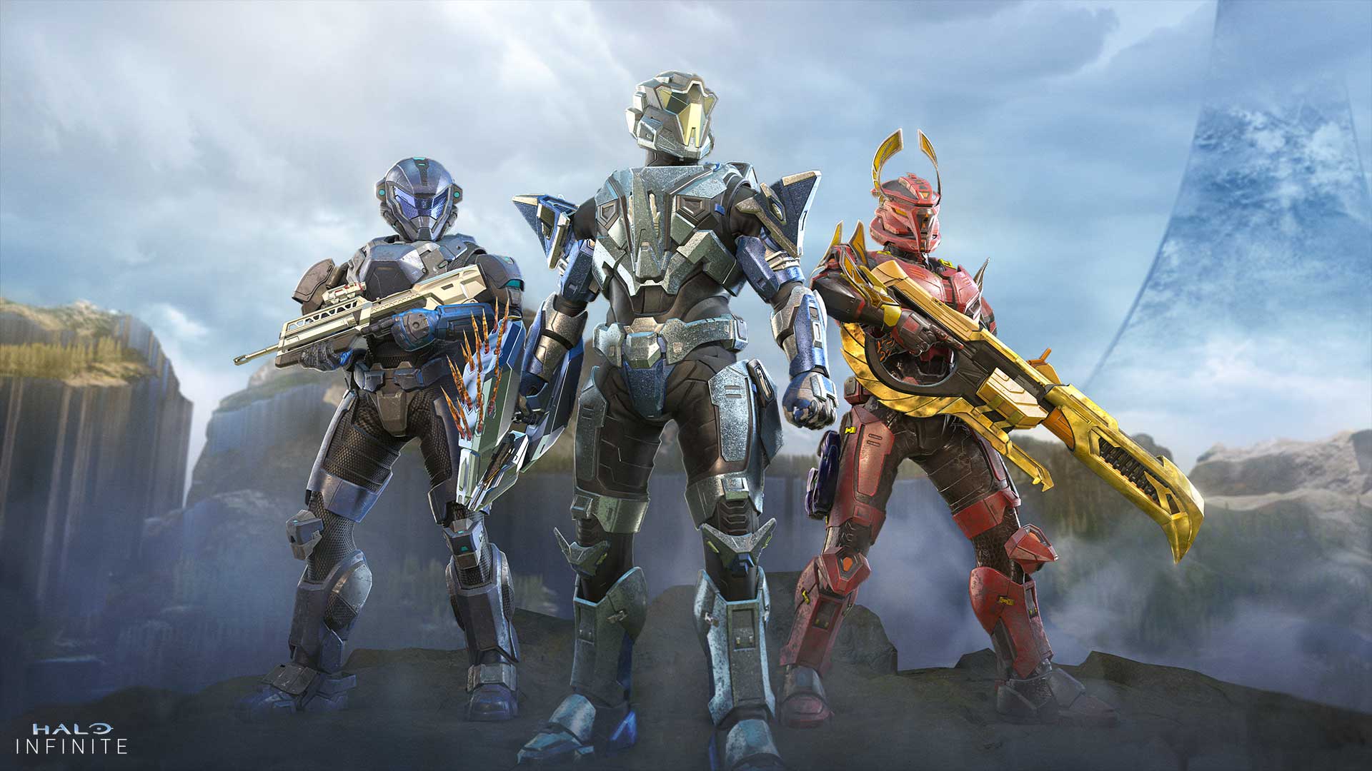 A heroic trio of Spartans in Seeker, Adamant, and Serpin armor stand proudly on Zeta Halo.