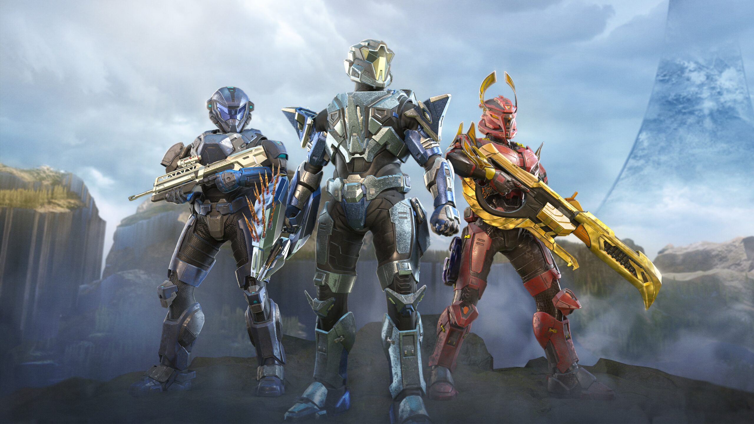 A heroic trio of Spartans in Seeker, Adamant, and Serpin armor stand proudly on Zeta Halo.