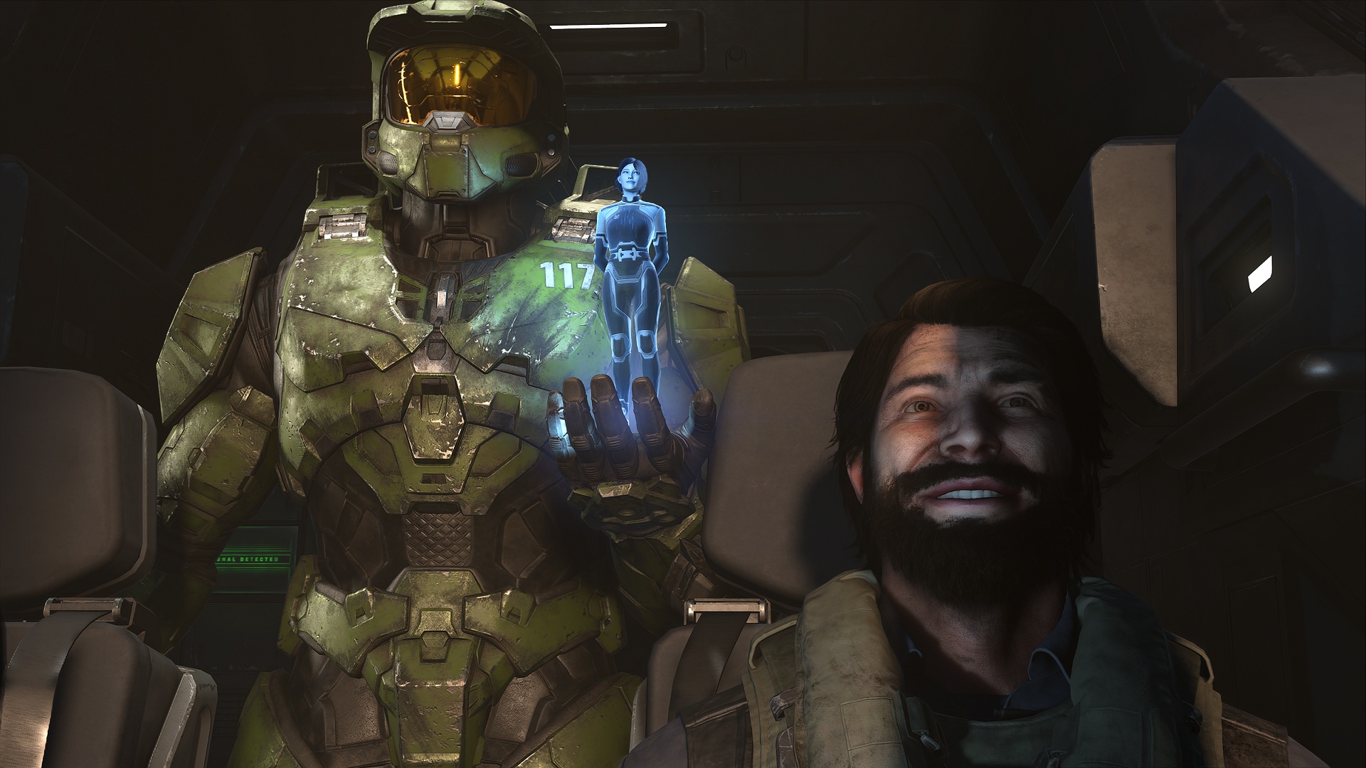 Halo Infinite screenshot of the closing cinematic showing the Master Chief, the Weapon, and pilot Fernando Esparza