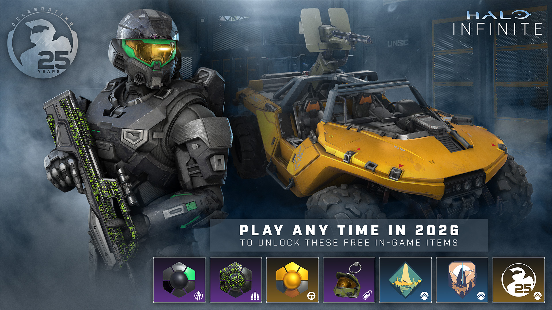 A Spartan stands with a golden Warthog. Text: "Celebrating 25 Years. Play Halo Infinite any time in 2026 to unlock these free in-game items."
