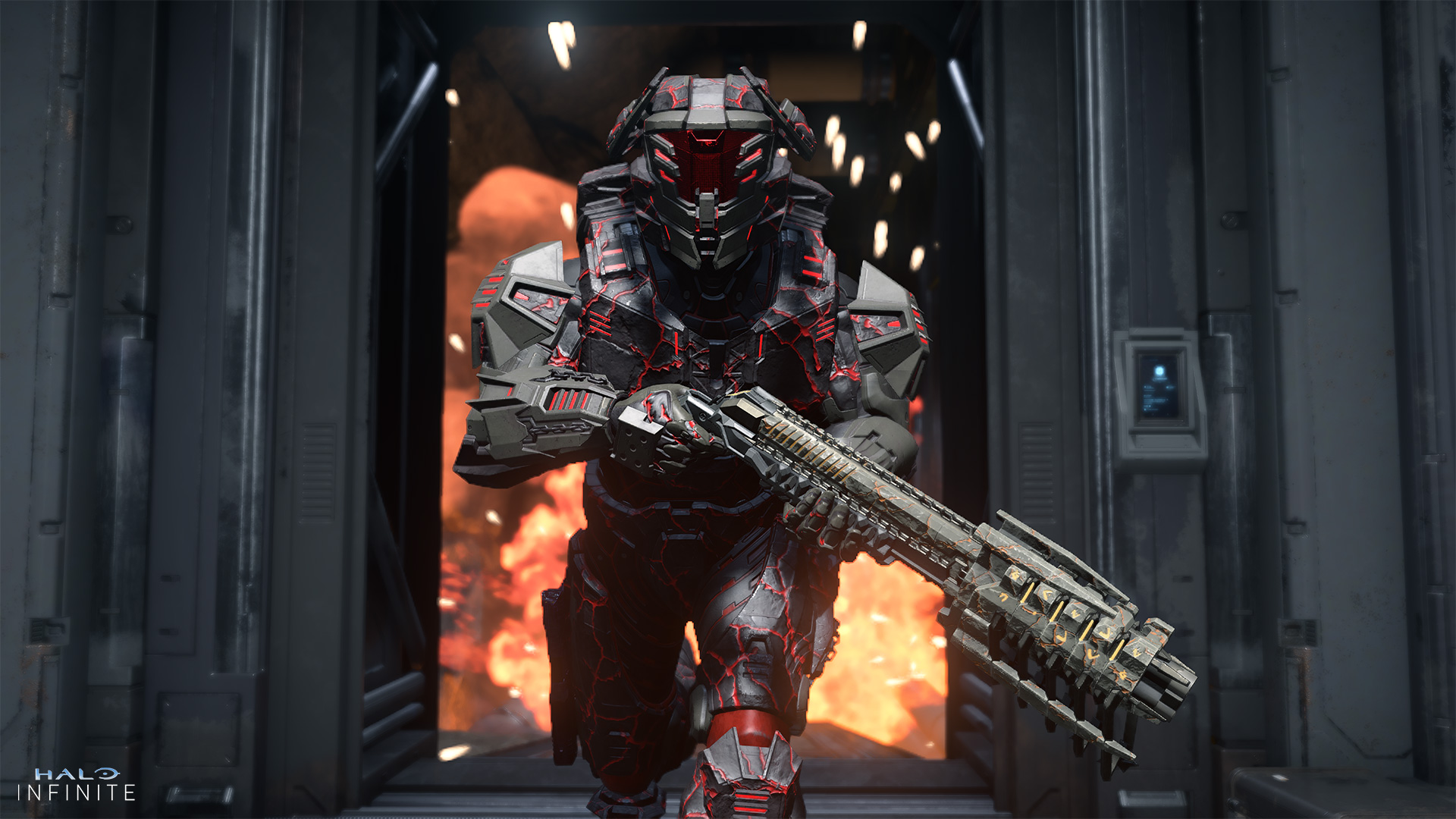 A Spartan in infernal Deimos armor races away from a fiery explosion toting the Exorcist Mutilator.