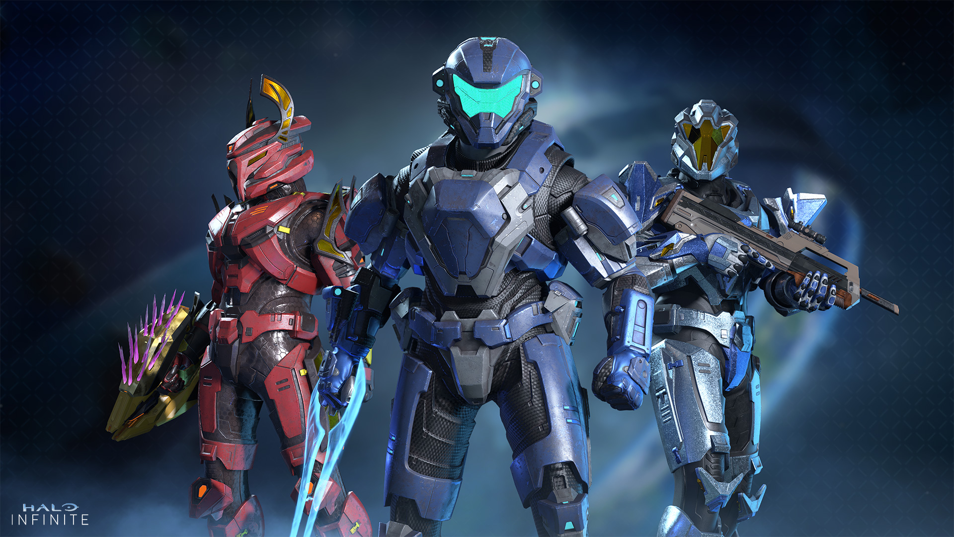 Three Spartans wearing the Serpin, Seeker, and Adamant armor sets.