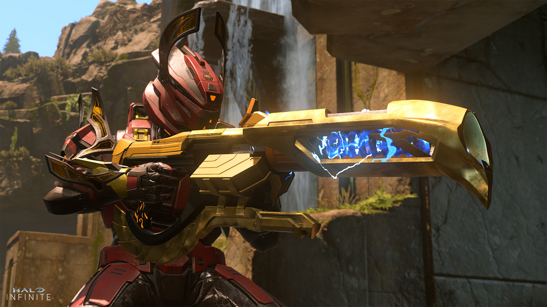 A Spartan in Serpin armor aims the Charged Quill Shock Rifle.