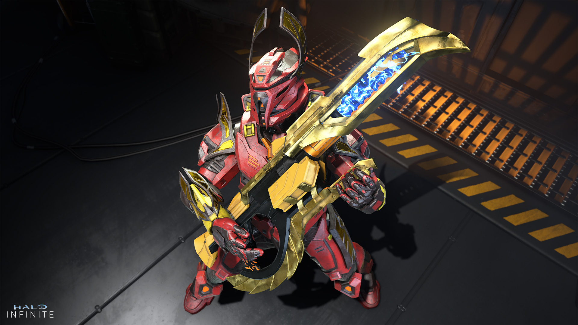 A Spartan in Serpin armor shreds air guitar on the Charged Quill Shock Rifle.