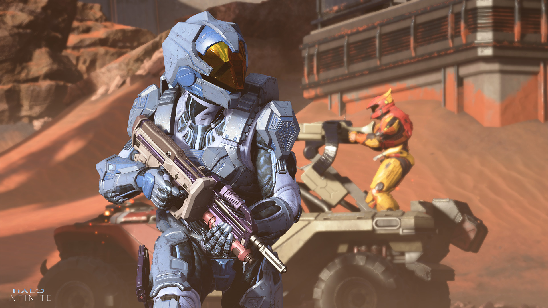 A Spartan in Seedwarden armor looks over their shoulder at an ally in a Warthog.