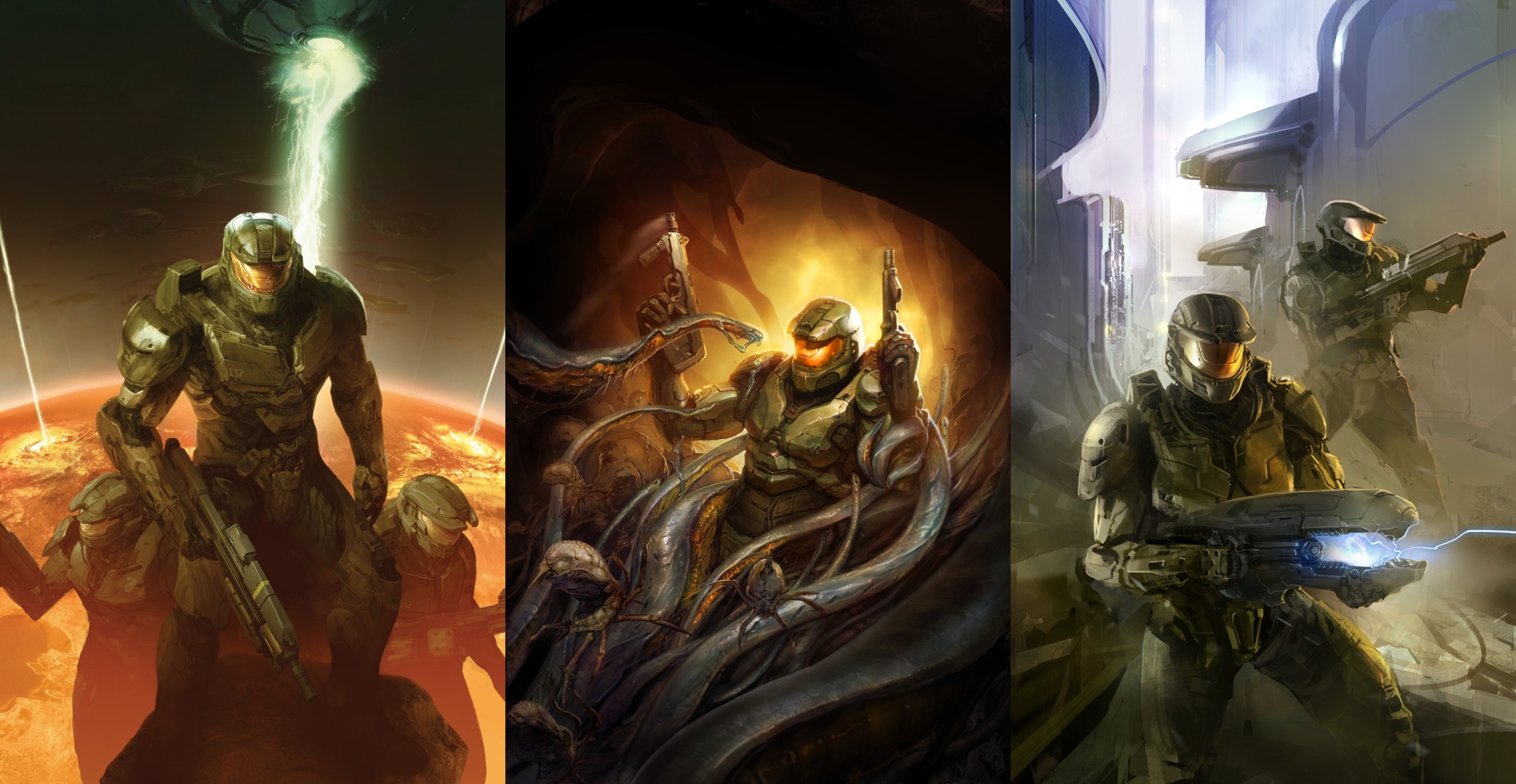 Tryptic image of the cover art for the 2010 editions of The Fall of Reach, The Flood, and First Strike
