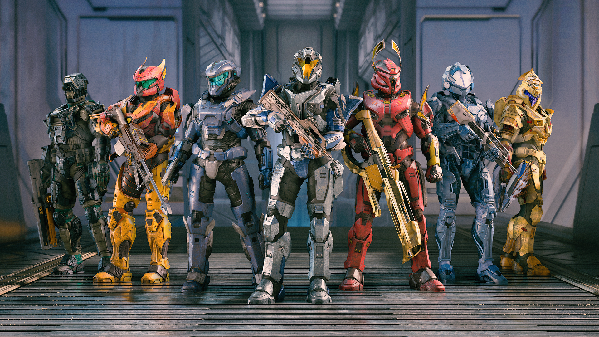 Operation: Infinite. Seven Spartans pose in a metallic hallway wearing the Kobold, Phoenix, Seeker, Adamant, Serpin, Seedwarden, and First Vanguard armor sets.