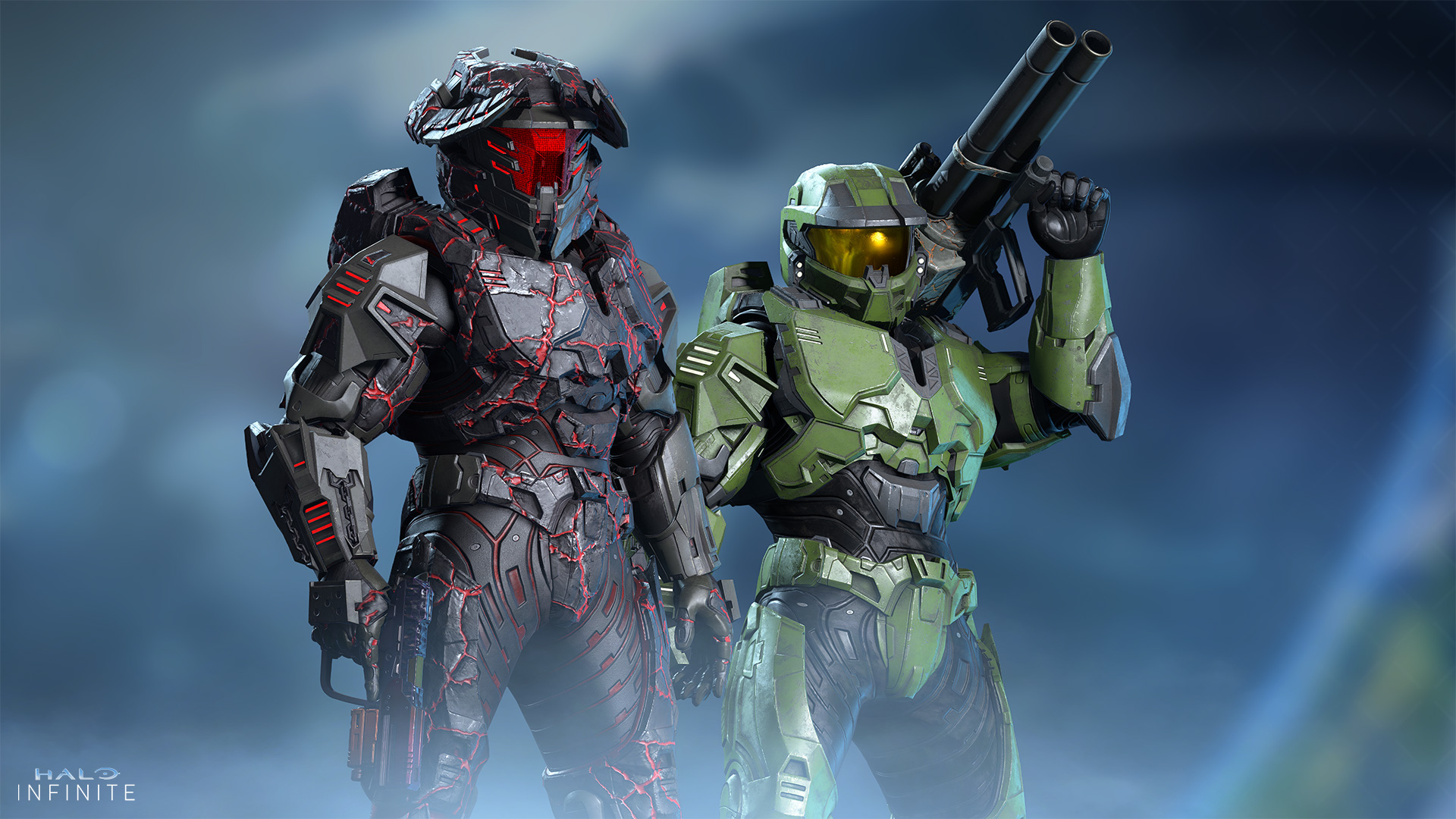 A side-by-side comparison of the Deimos armor with and without the Flawless Sentinel helmet attachment and the Fiendbane Raiment armor coating.