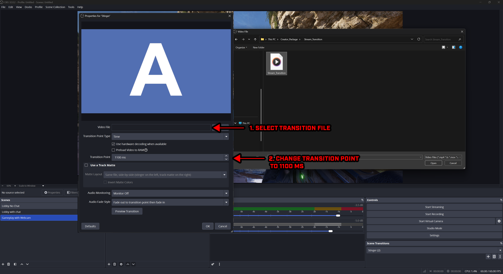 Instructions on how to select a "Transition Point Type" and change the "Transition Point" timing.